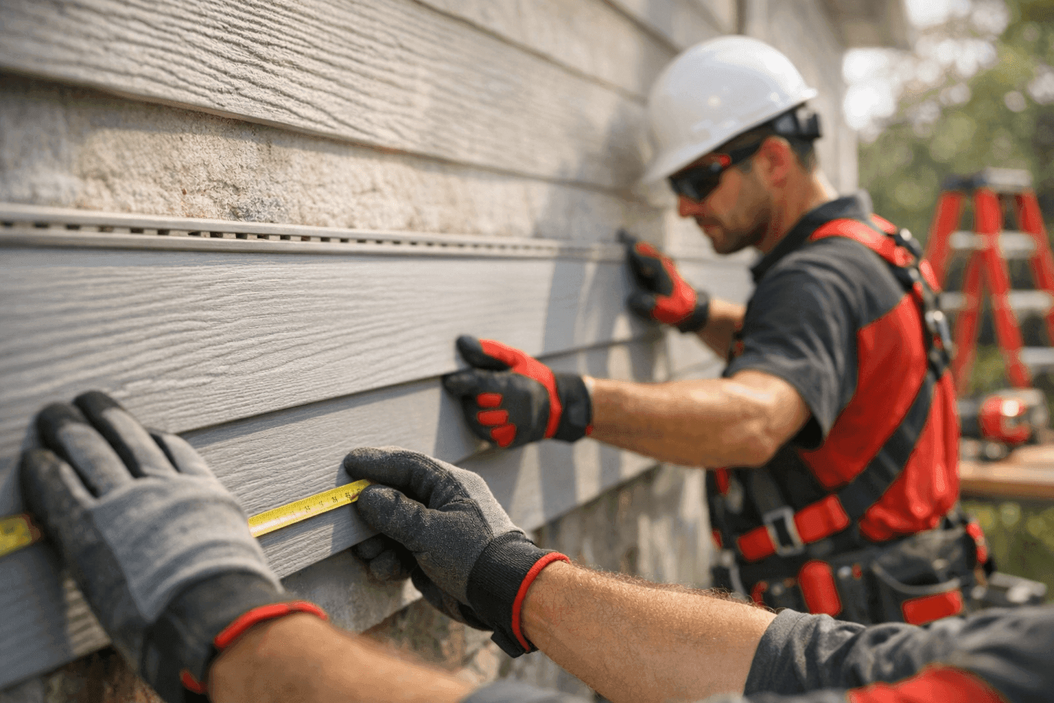 Gloved hands measuring and fitting siding on a residential house exterior at a clean job site