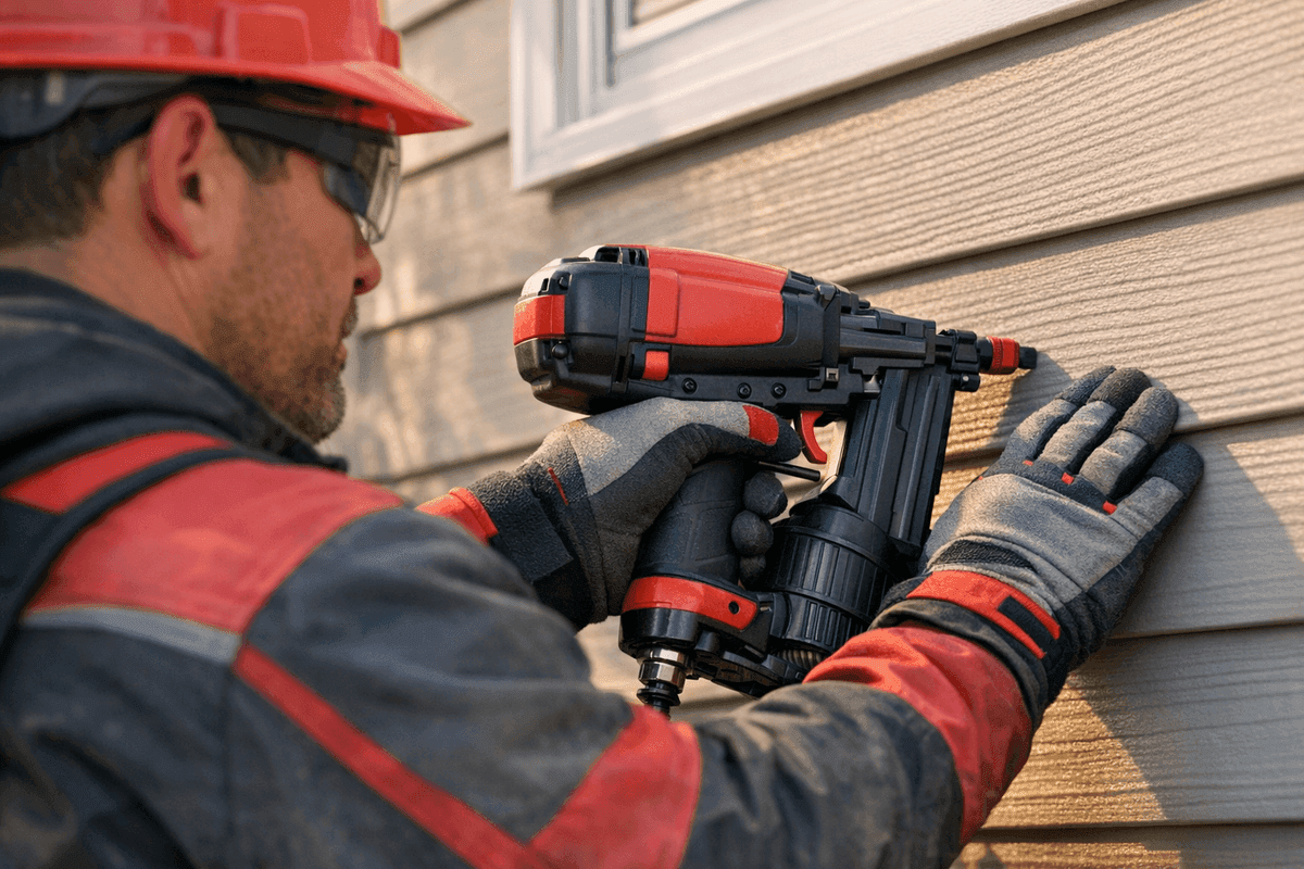 Close-up of gloved hands holding a nail gun installing new siding on a house exterior
