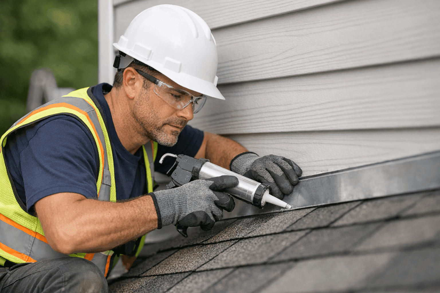 Close-up of technician repairing siding flashing on a home