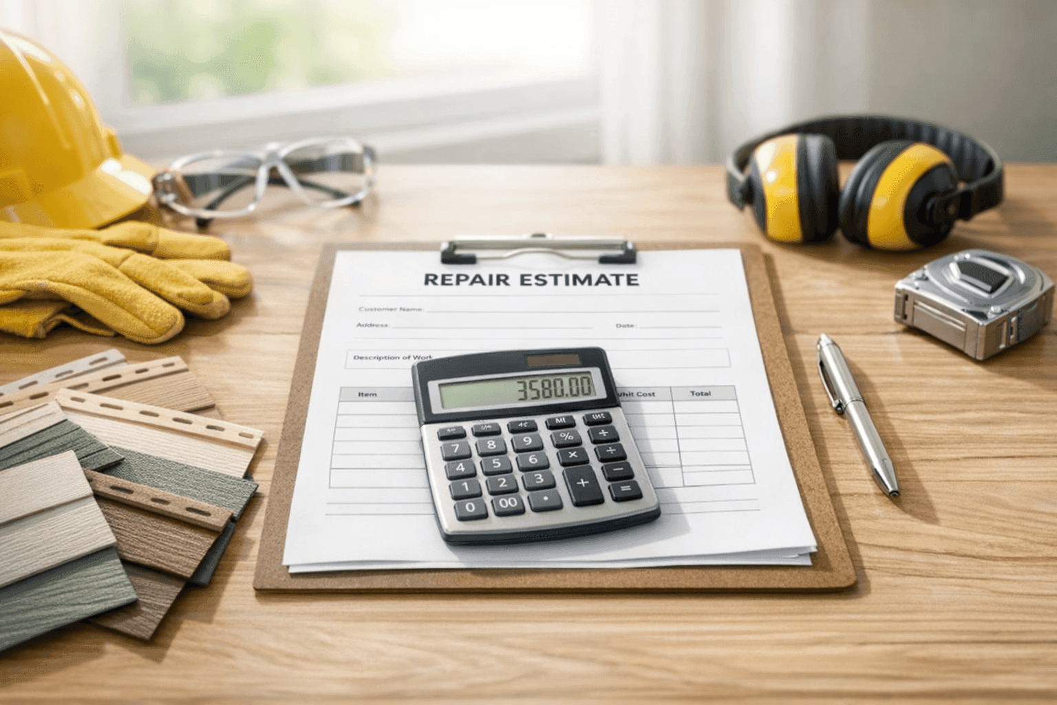 Calculator and siding repair estimate paperwork on desk