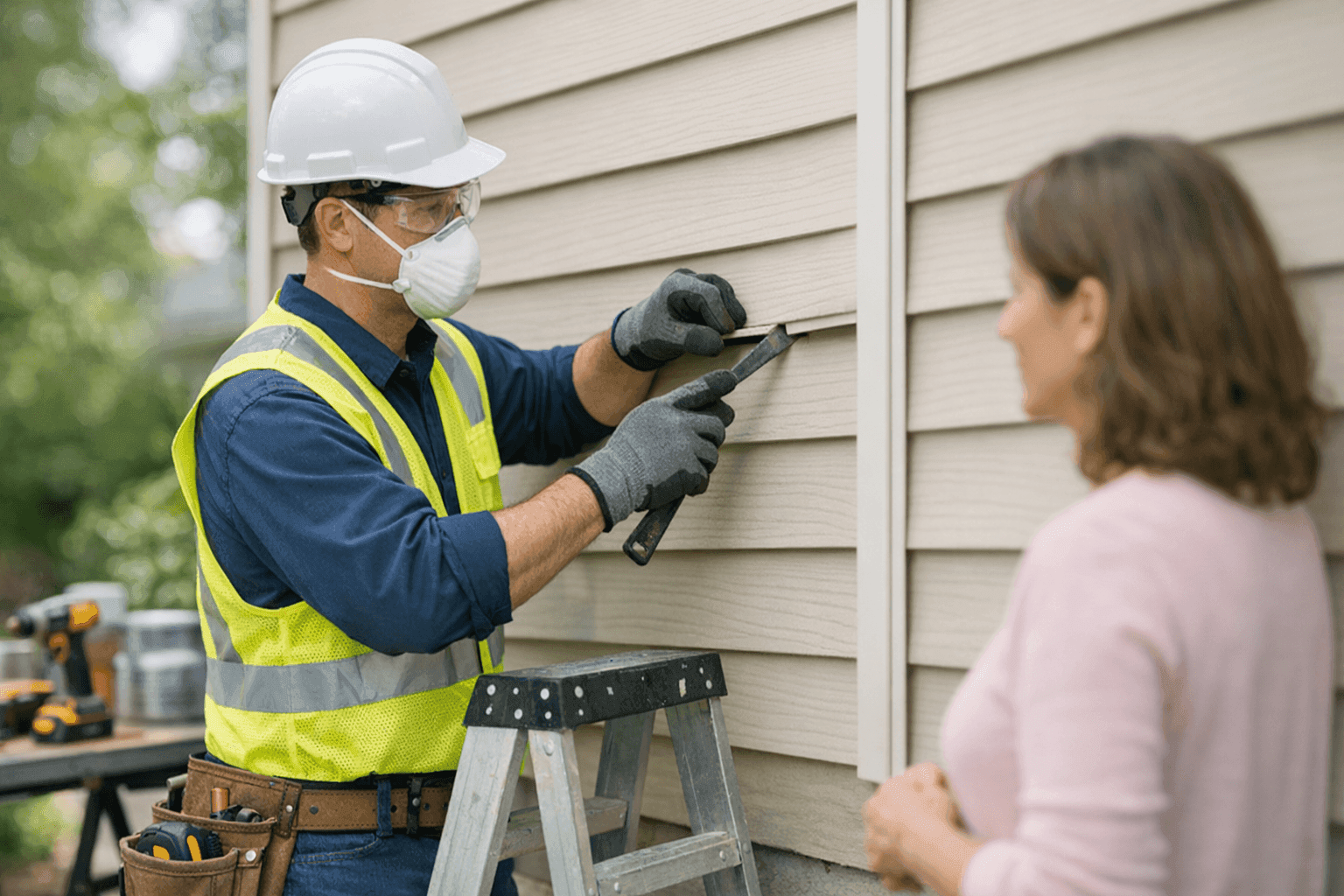 Technician repairing siding while homeowner watches