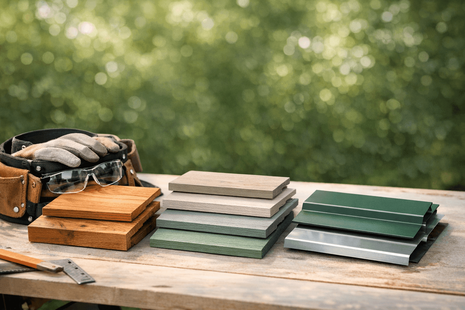 Various eco-friendly siding samples displayed on a workbench