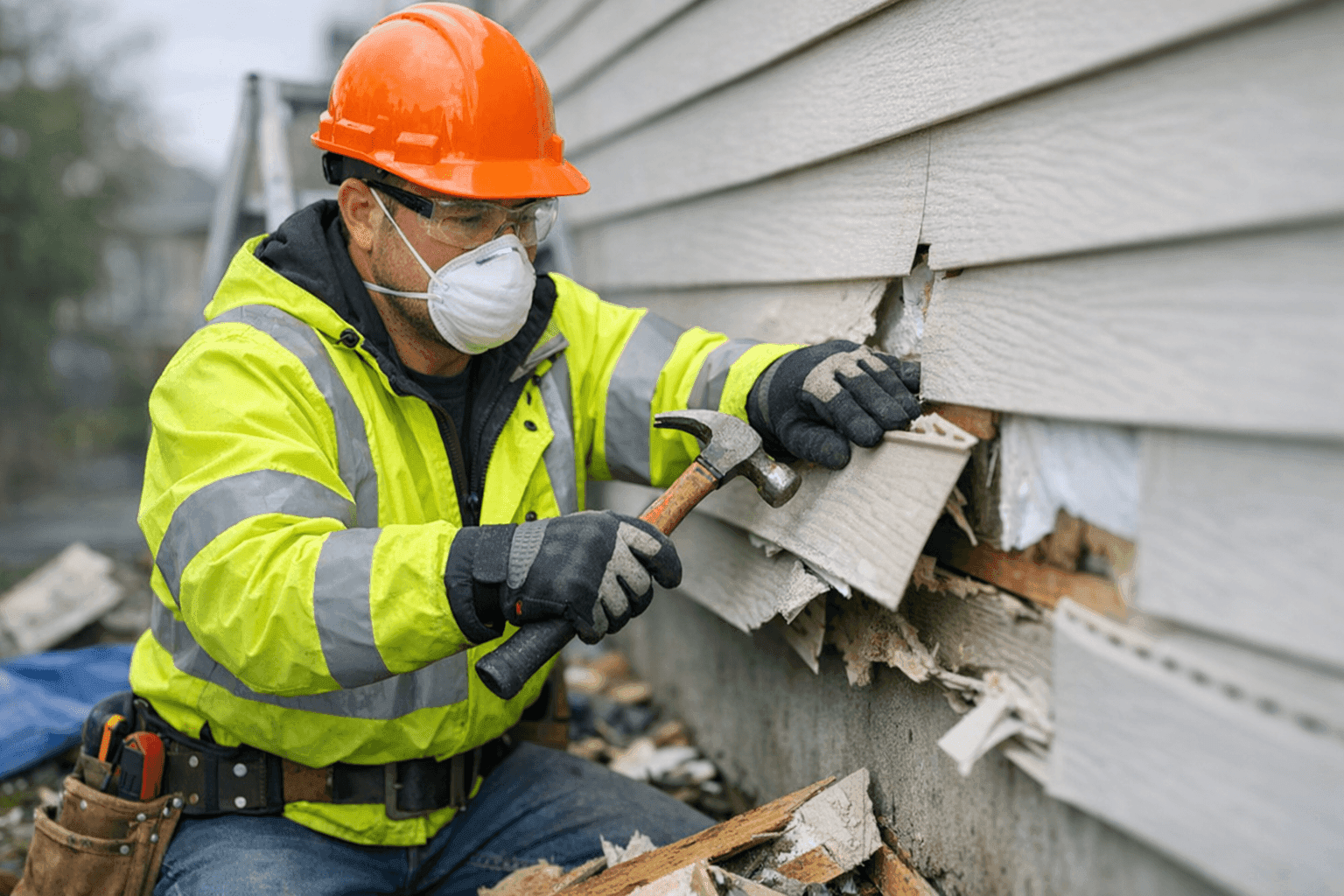 Emergency siding technician responding to storm-damaged home