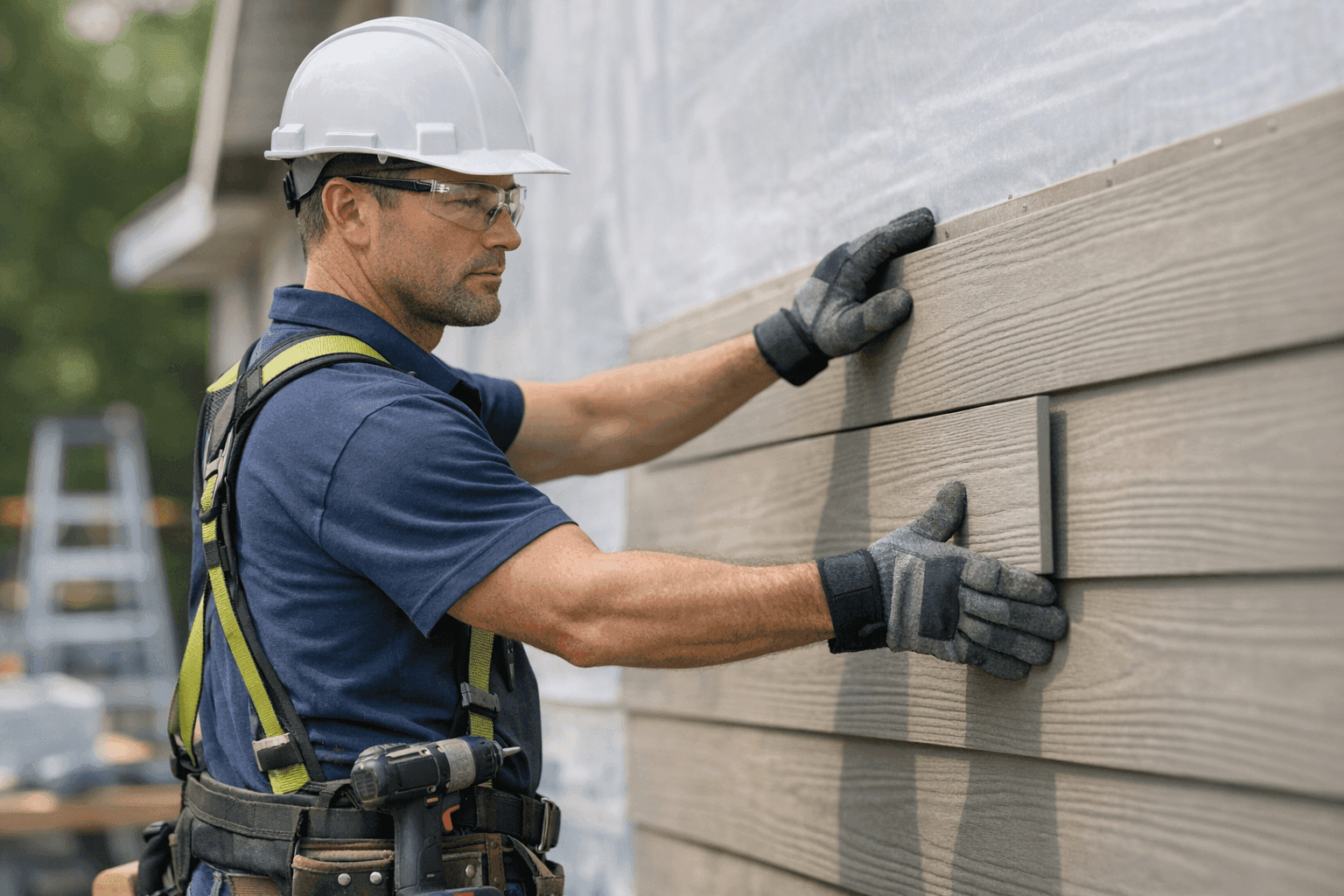 Technician installing fiber cement siding panels on house