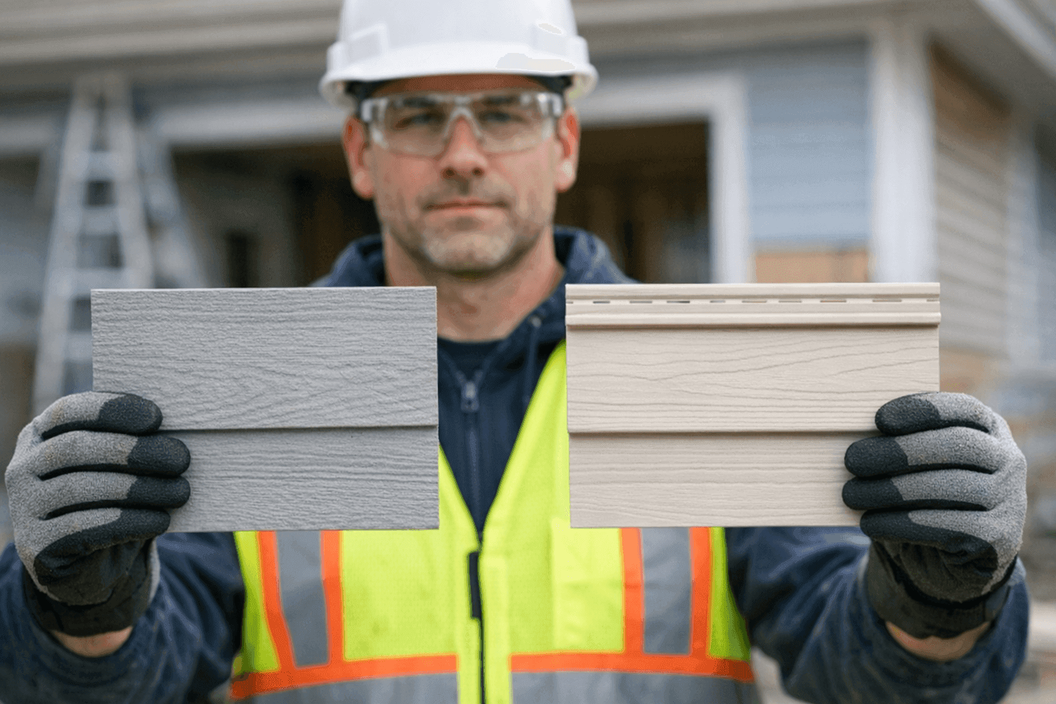 Technician comparing fiber cement and vinyl siding samples side by side