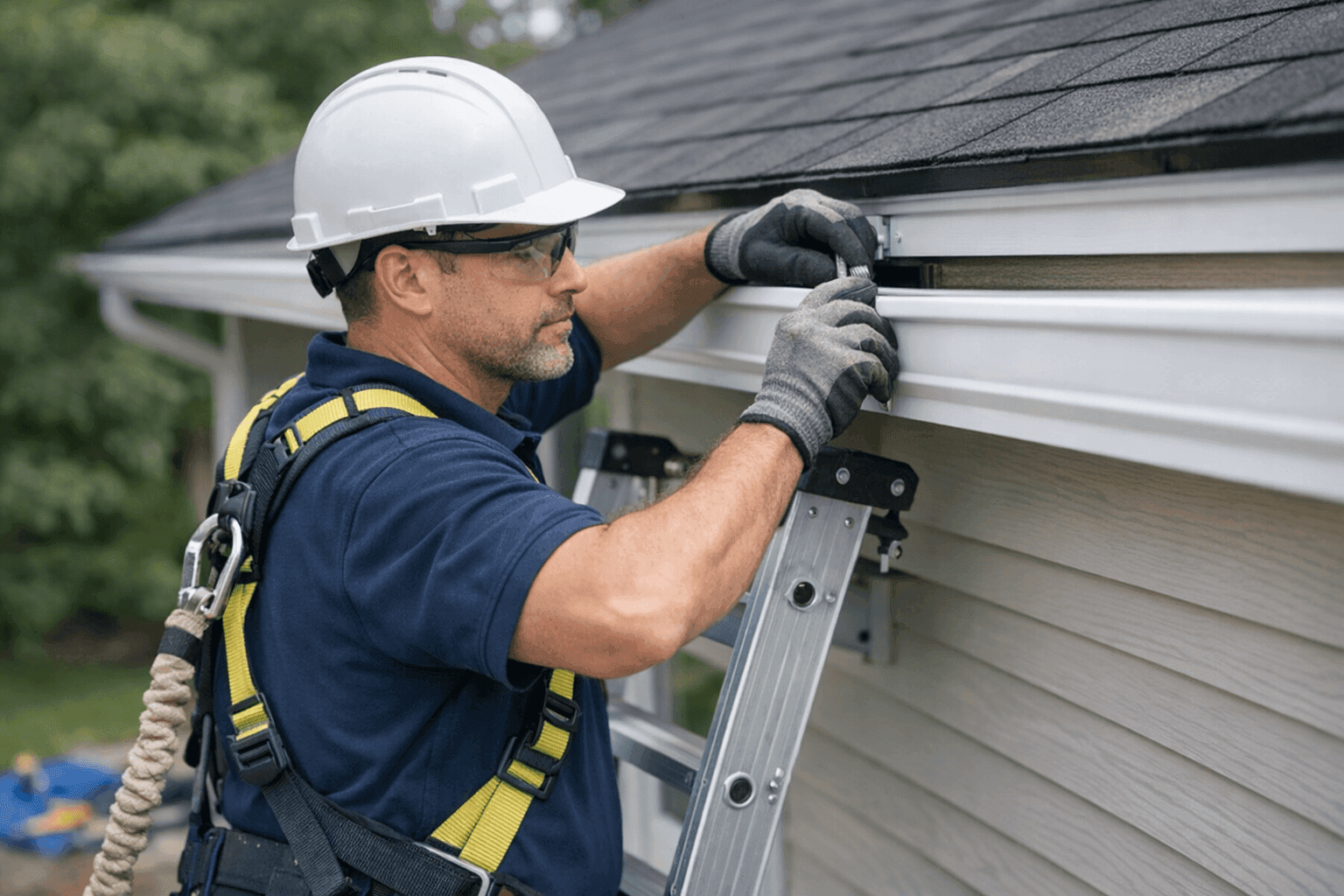 Technician installing new gutters on a home’s roof edge