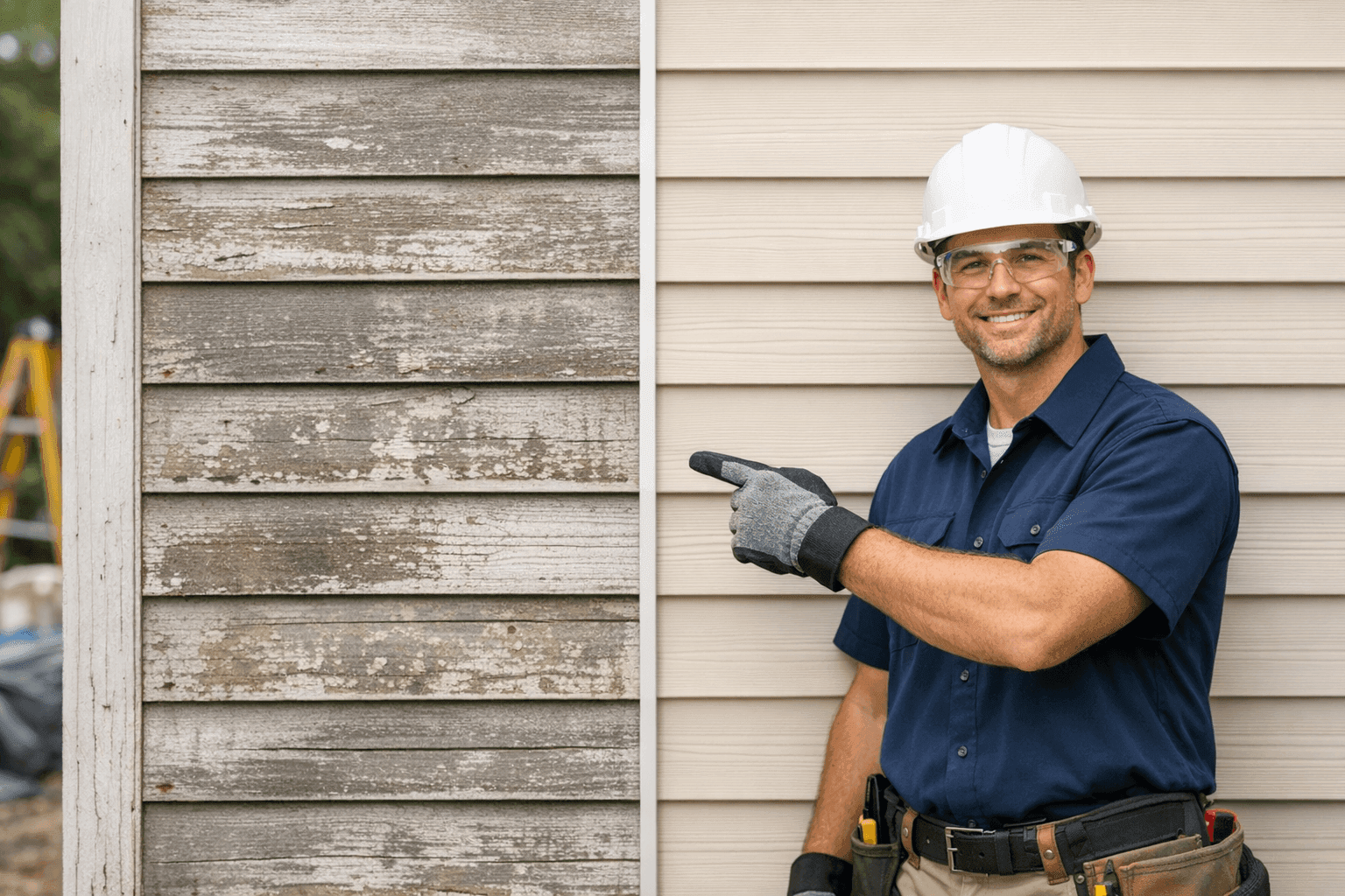 Comparison of old and new siding panels on a home