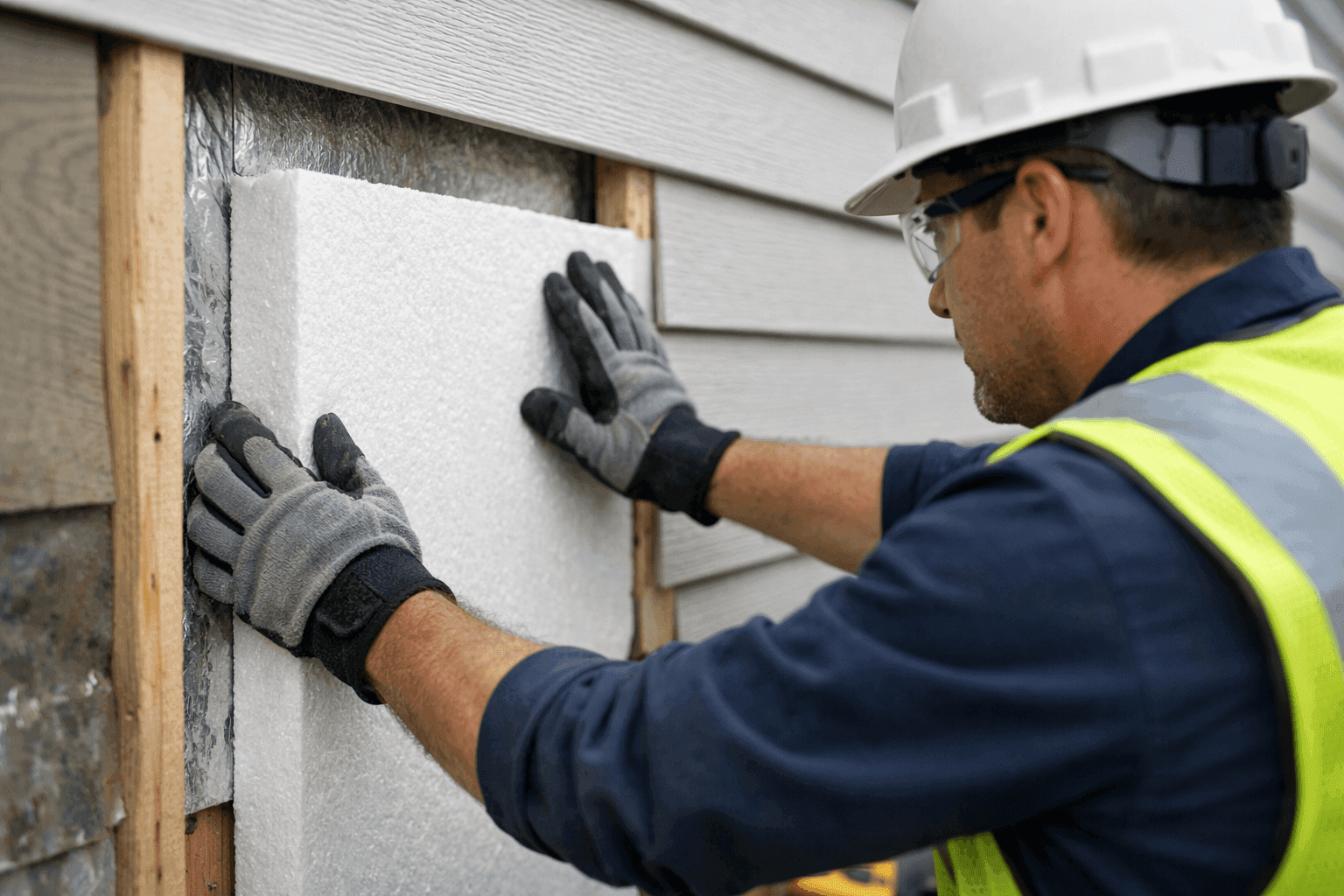 Technician installing insulation beneath home siding panels
