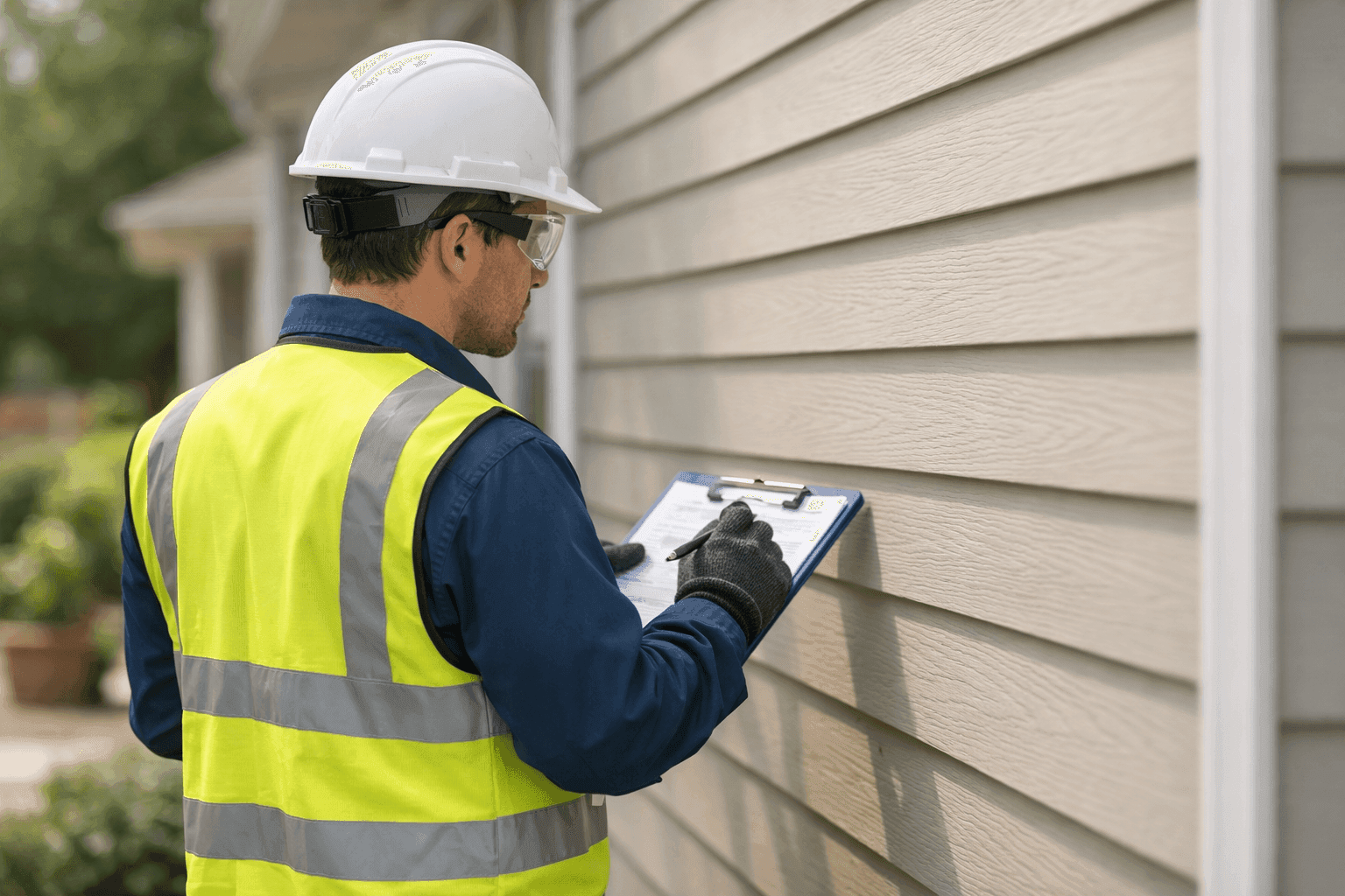 Technician with checklist inspecting home siding