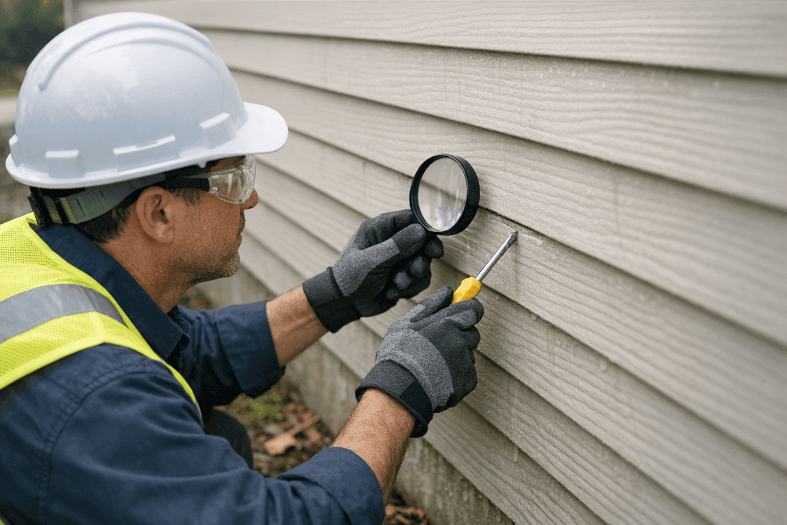 Technician inspecting siding after heavy storm