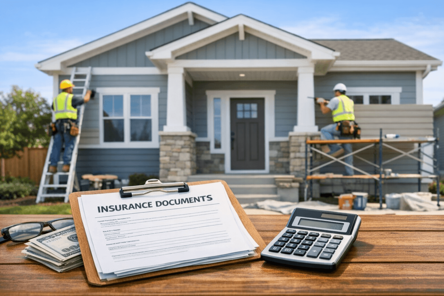 Home exterior with new siding and insurance documents