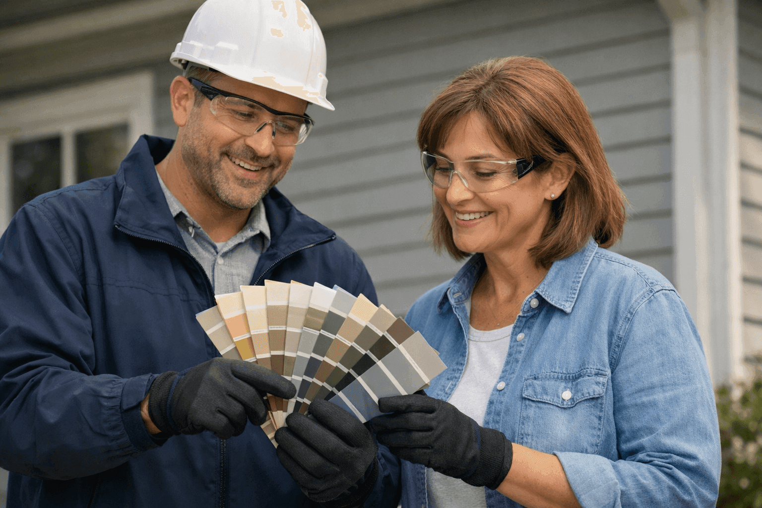Color consultant showing siding color samples outdoors