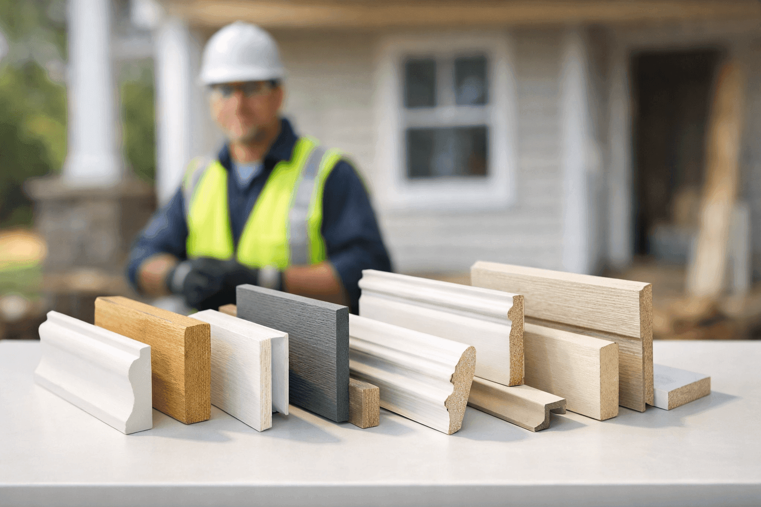 Various siding trim and molding samples displayed on a table