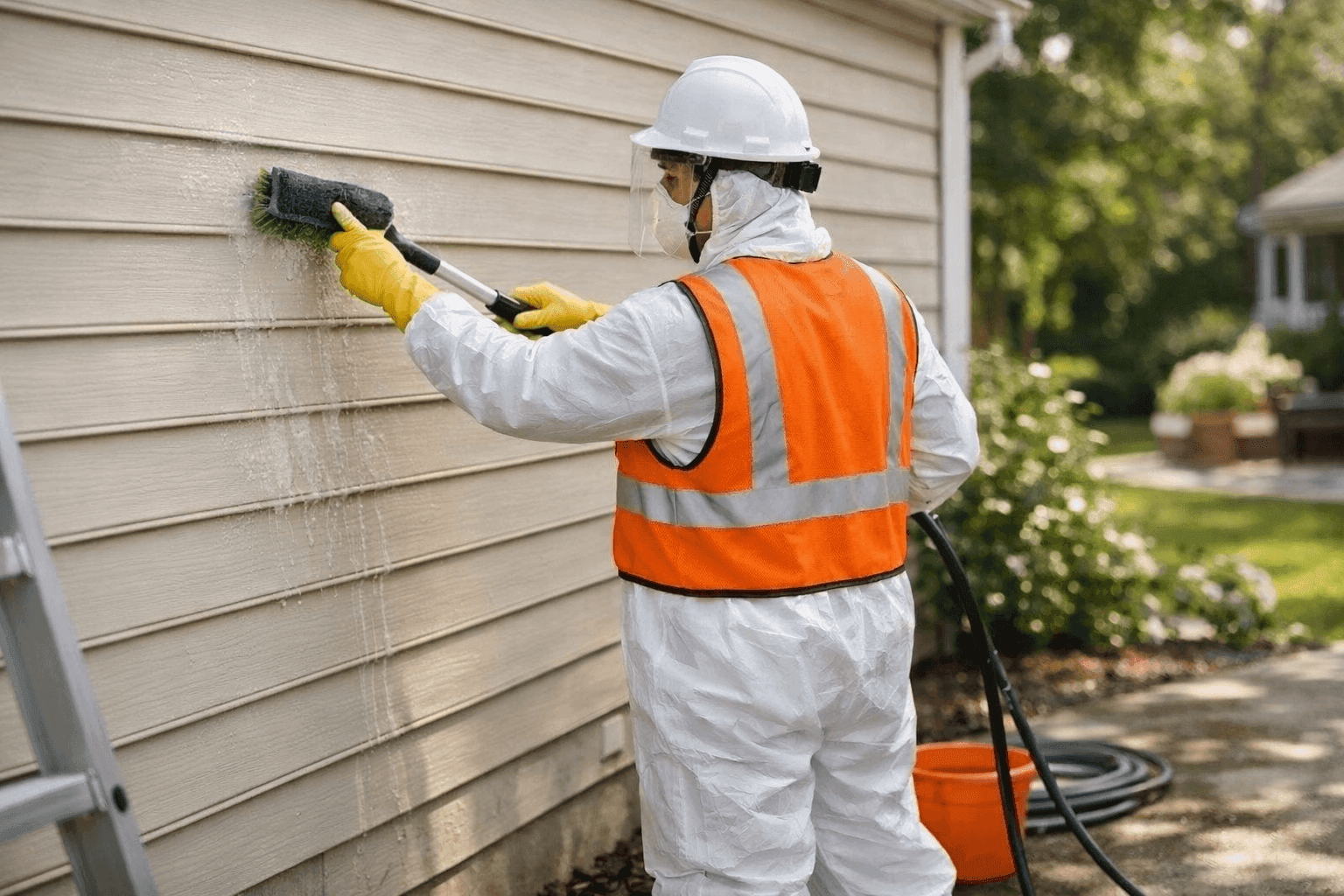 Technician gently cleaning siding on a residential home