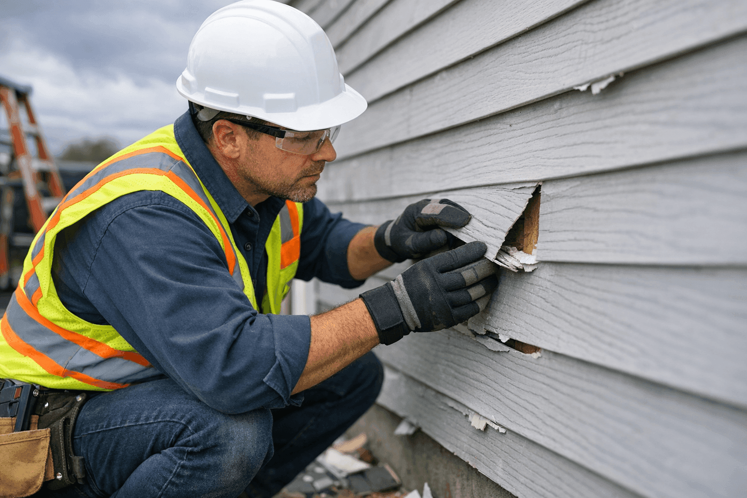 Technician inspecting storm-damaged siding on a home