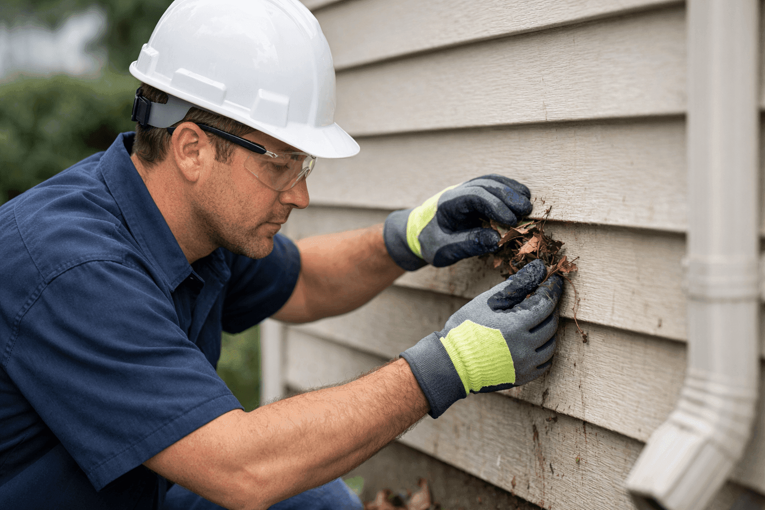 Technician cleaning and checking siding after a storm