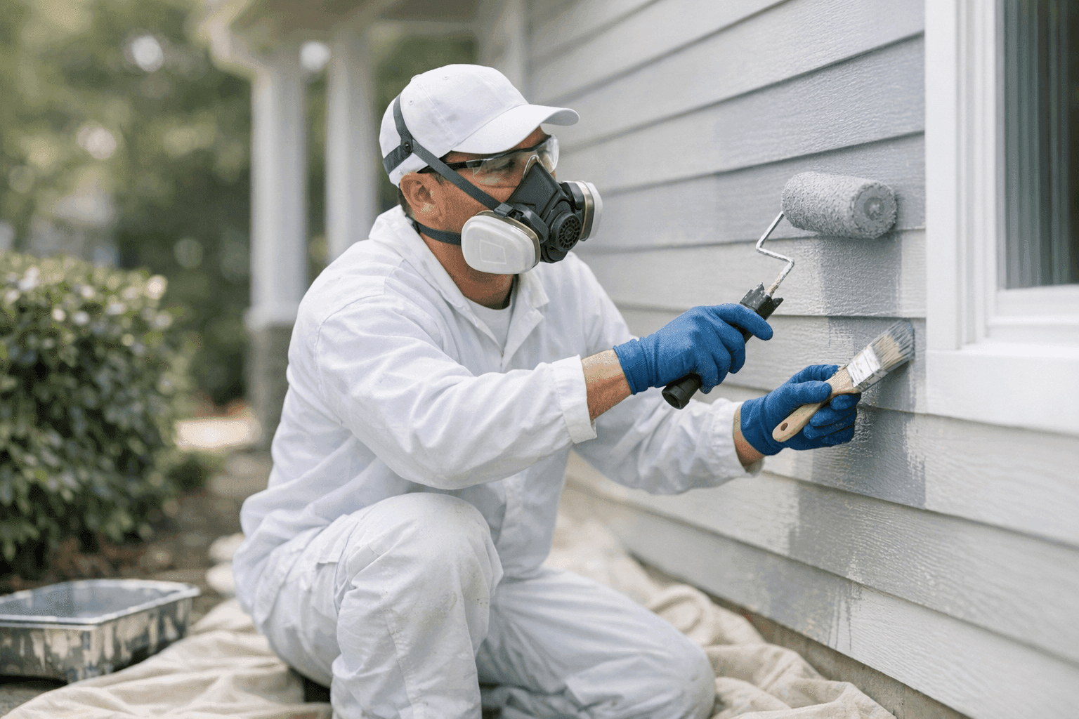 Technician painting home siding with roller and brush