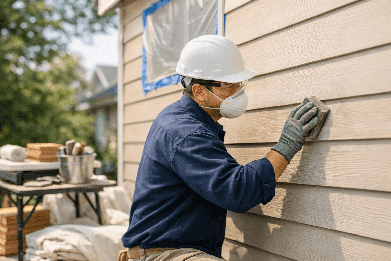 Technician preparing siding surface for painting