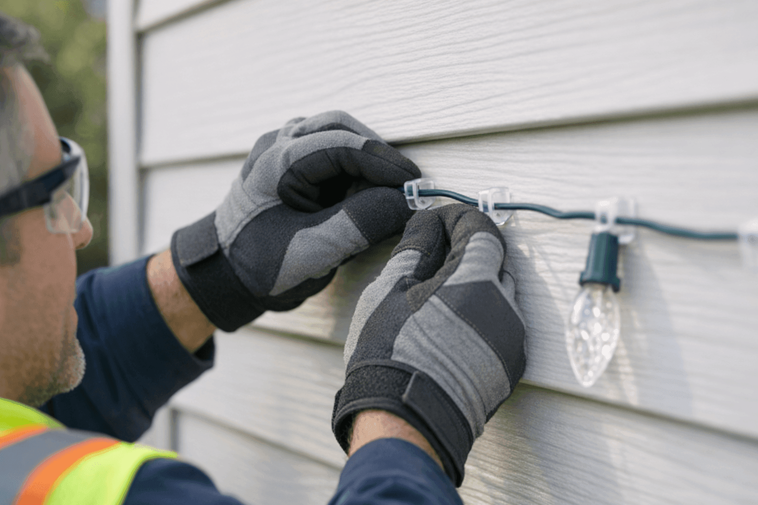 Homeowner safely attaching holiday lights to siding with clips
