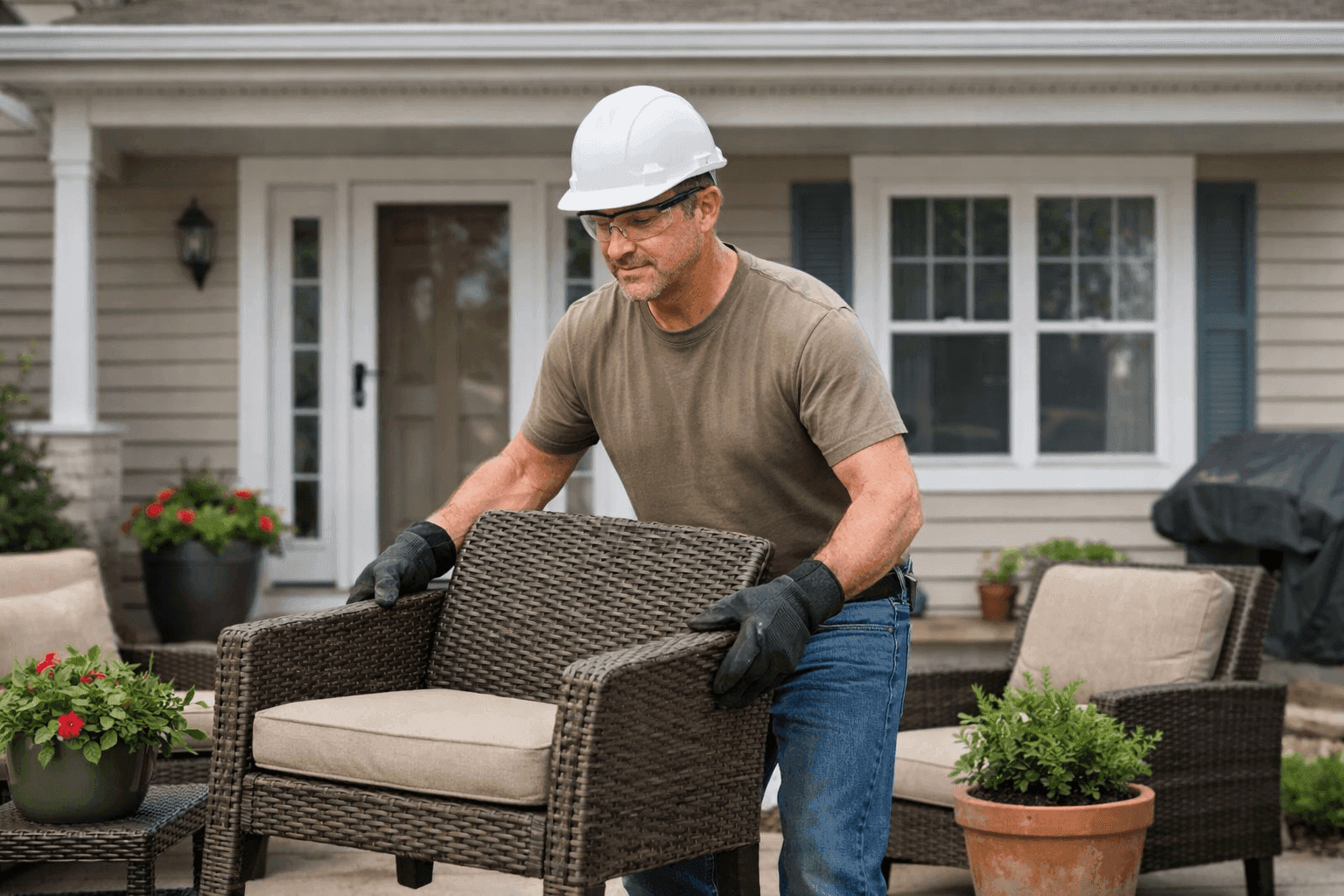 Homeowner clearing yard in preparation for siding installation