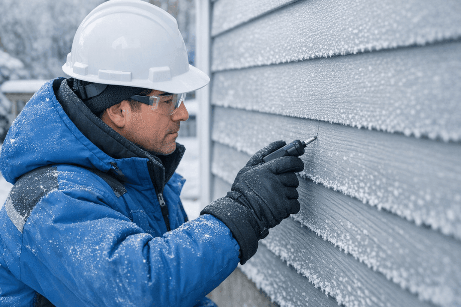 Technician inspecting siding for cracks in winter conditions