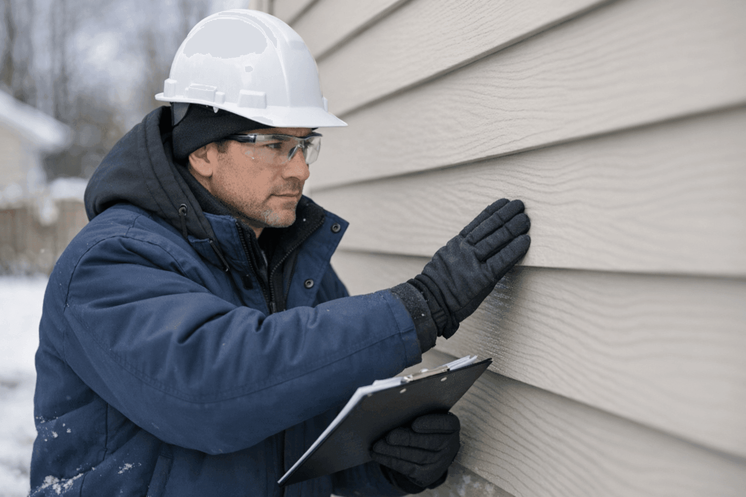 Professional inspecting siding for winter readiness as snow falls