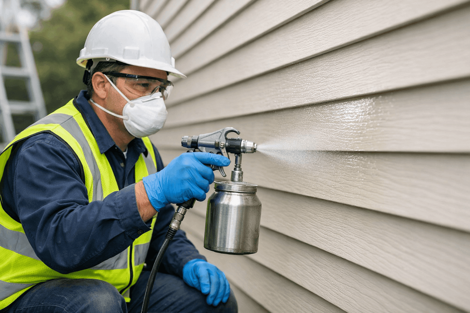 Technician applying protective coating to prevent siding fading