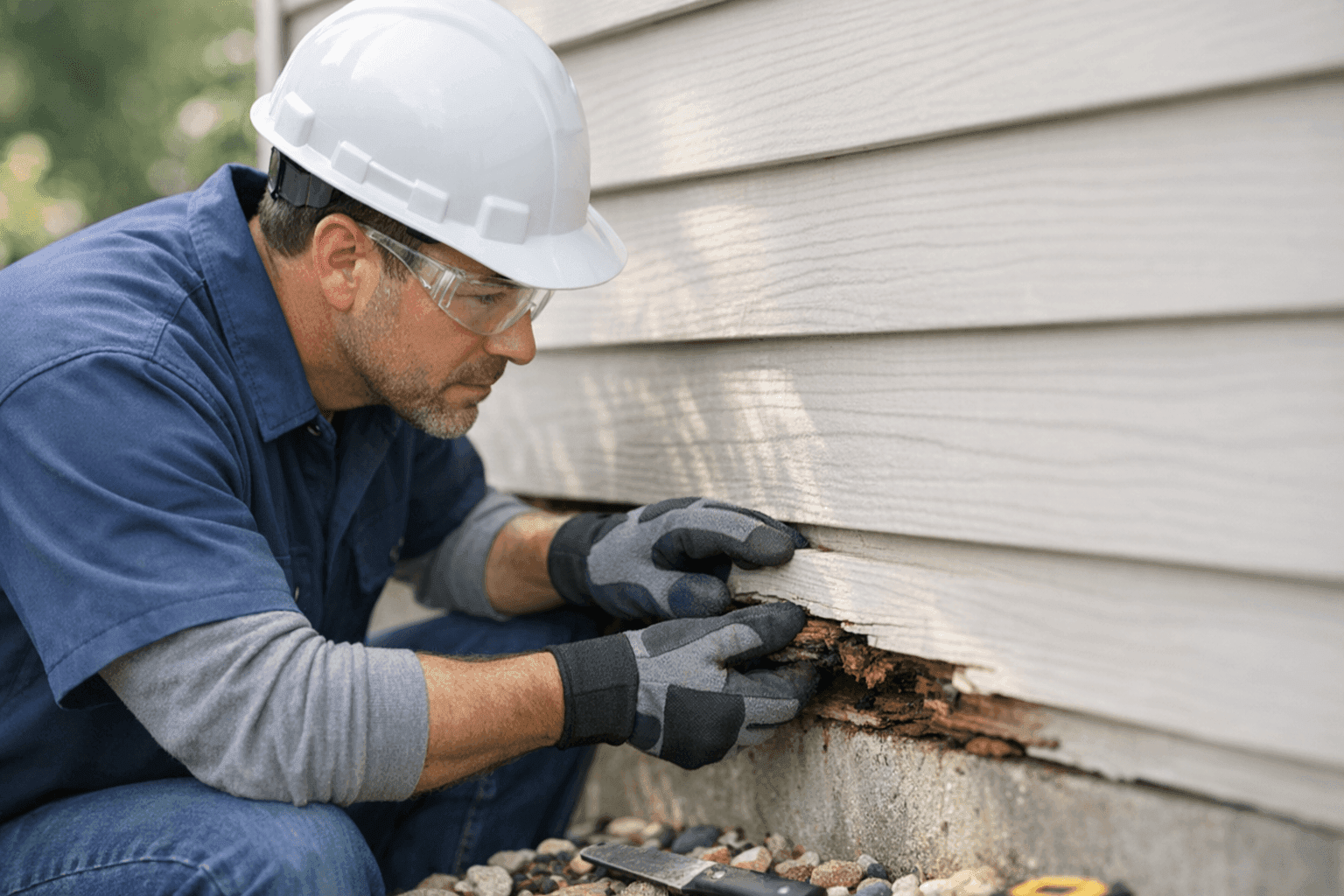 Technician inspecting siding for water damage and rot