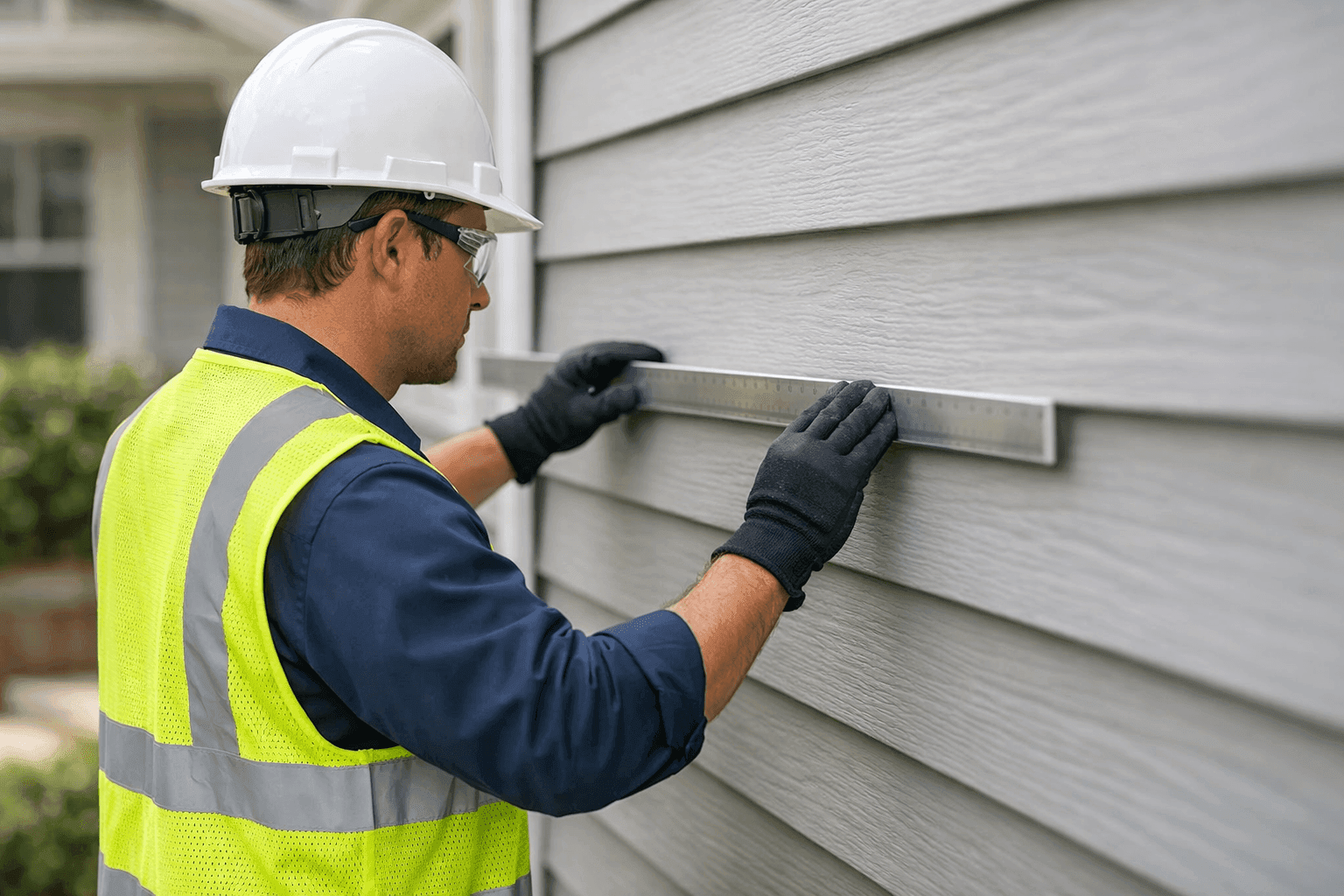 Technician inspecting warped siding panel for repair