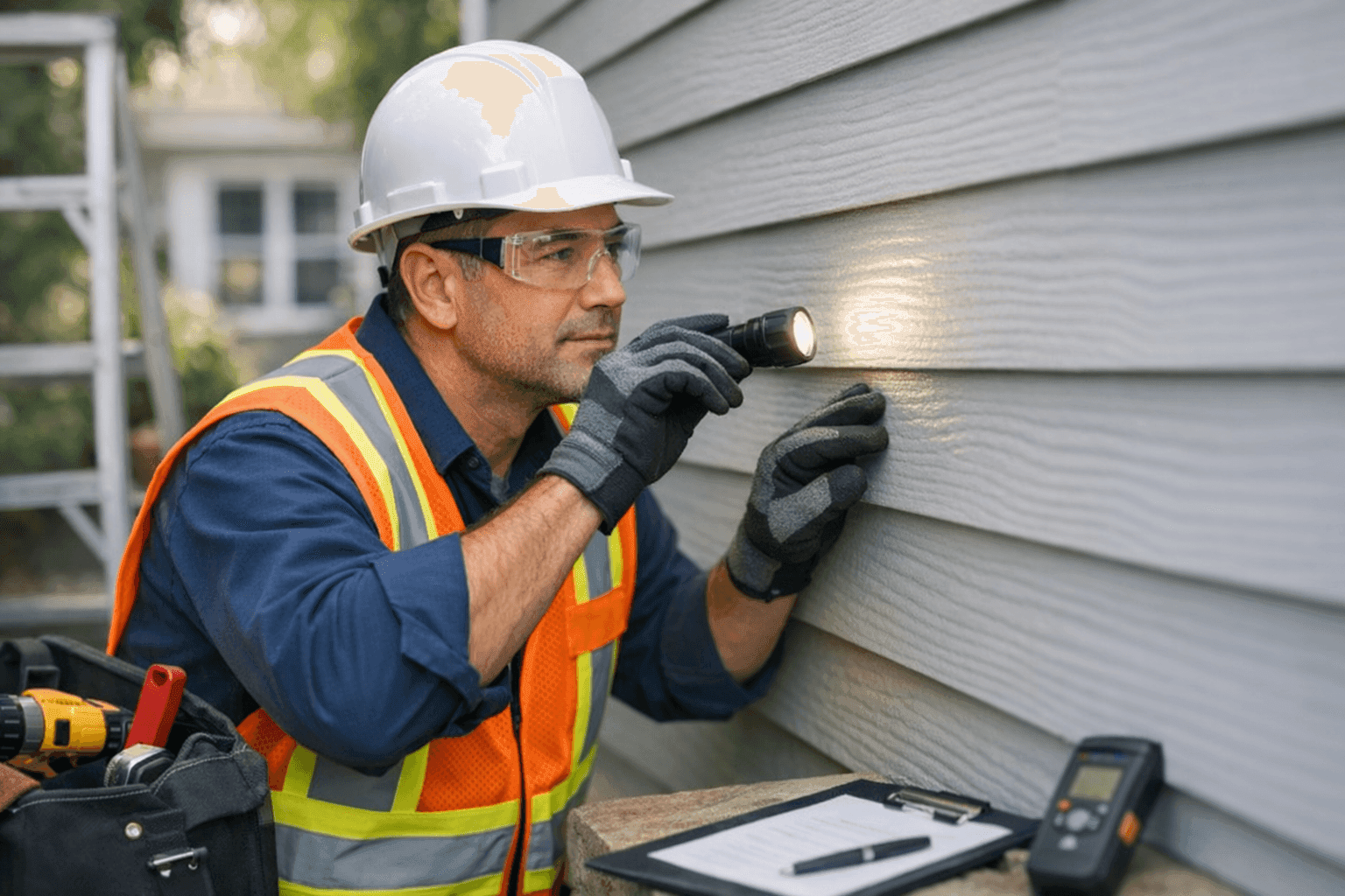 Technician inspecting home siding for visible damage