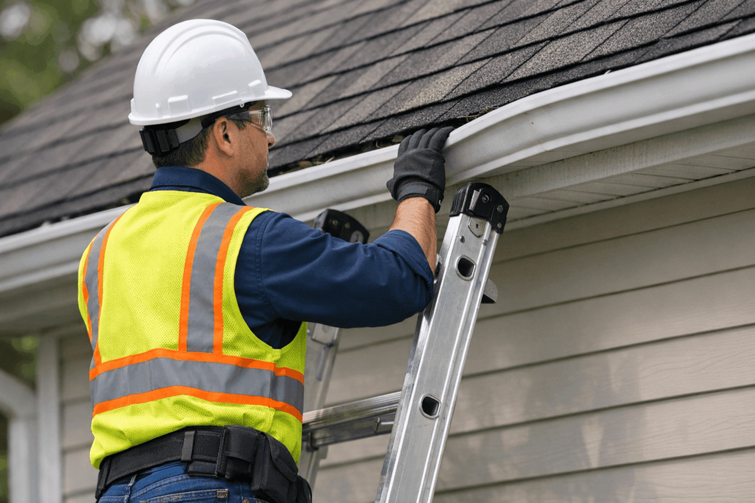 Technician inspecting sagging gutters on a home