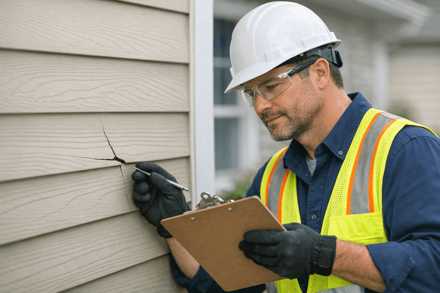 Technician examining cracked siding panel for repair needs