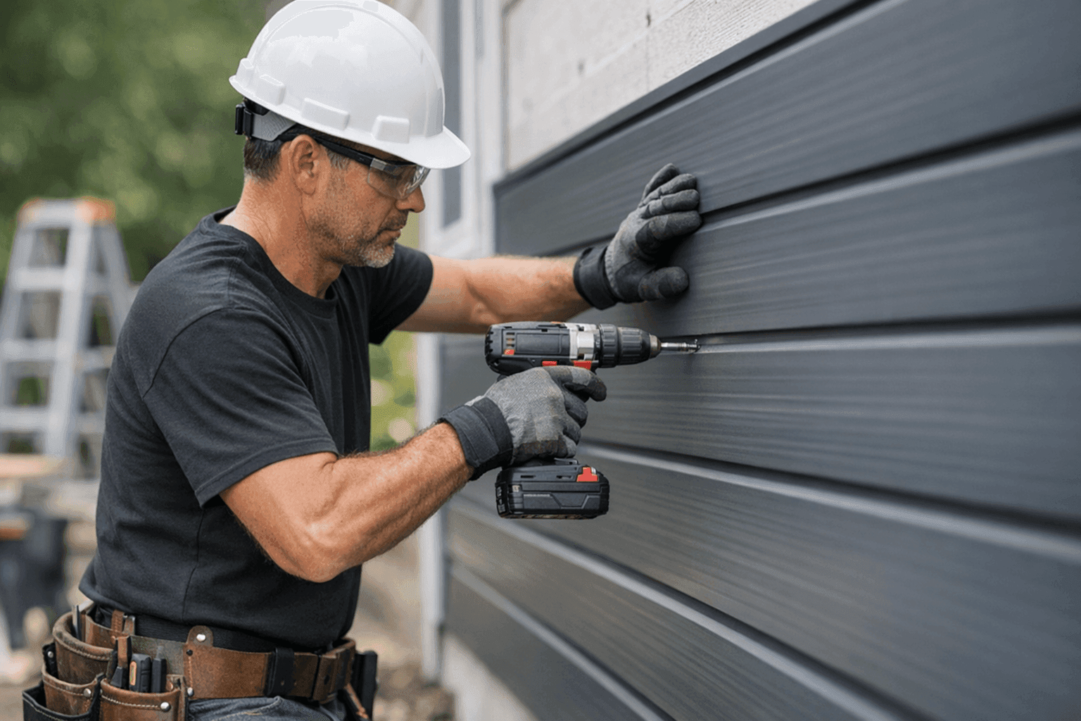 Technician installing metal siding panels on home