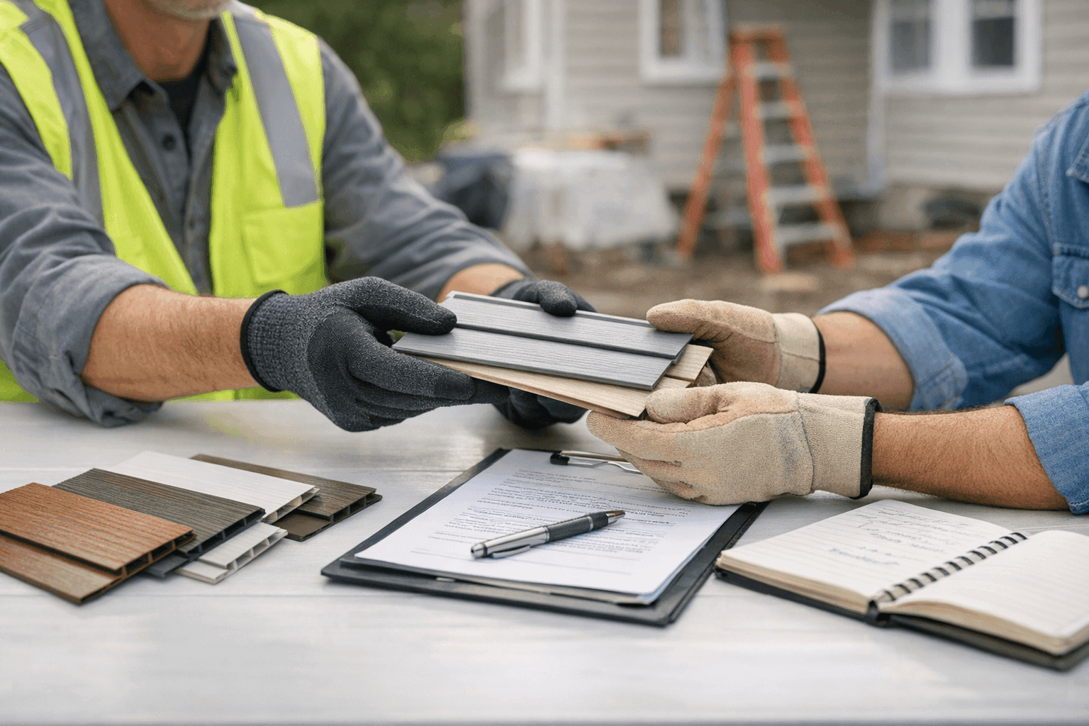 Homeowner meeting with siding consultant at a table