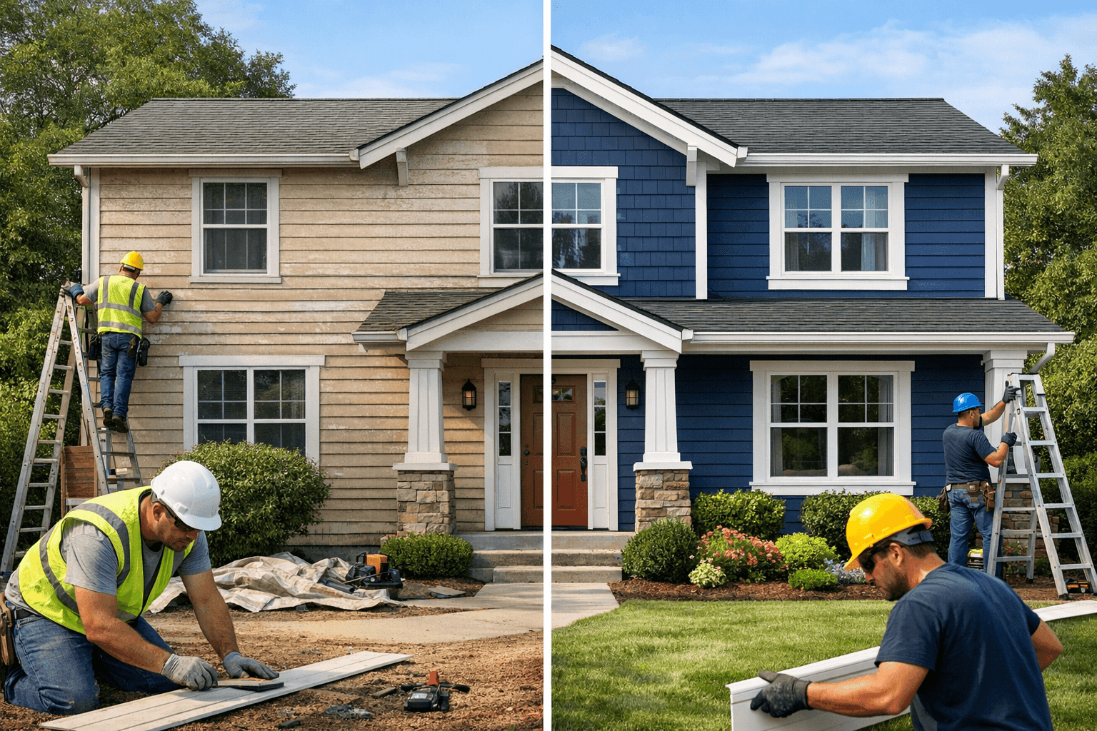 Before and after of home exterior showing improved siding and trim