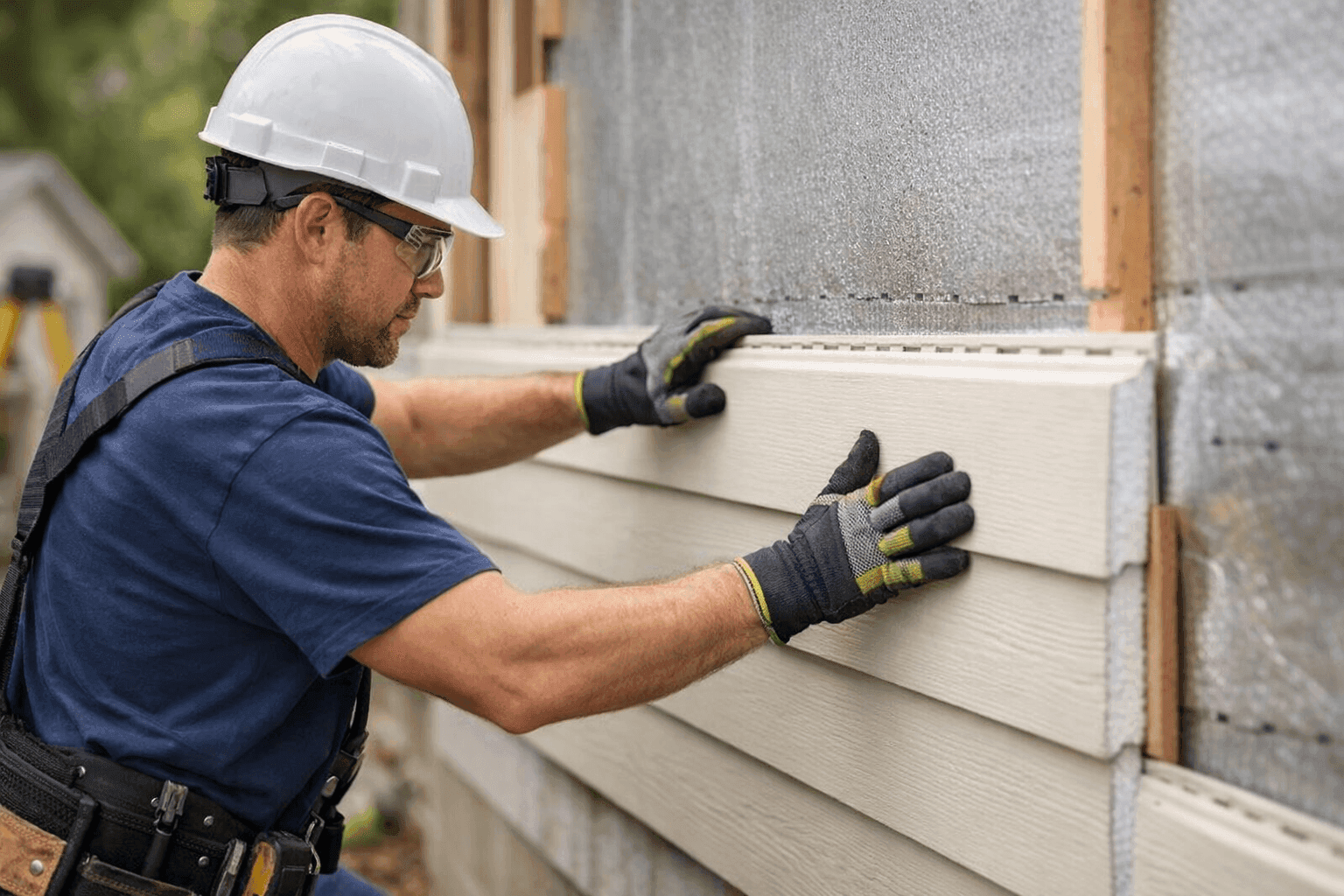 Technician installing insulated siding on exterior wall