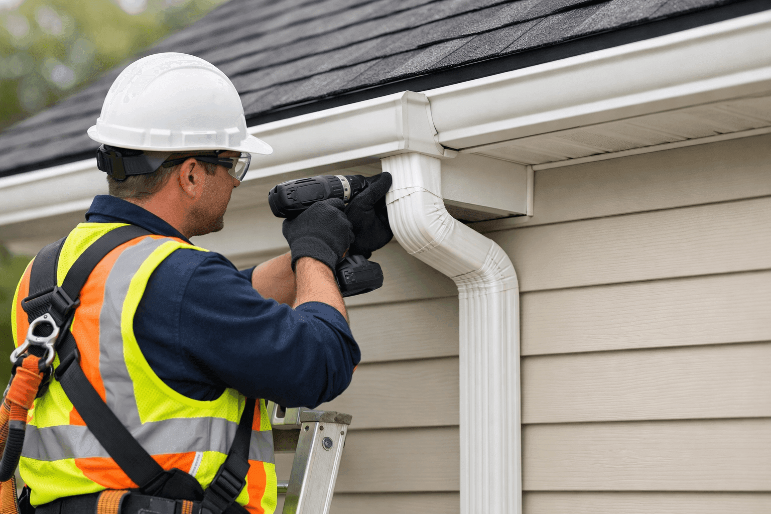 Technician connecting gutter system to siding on home