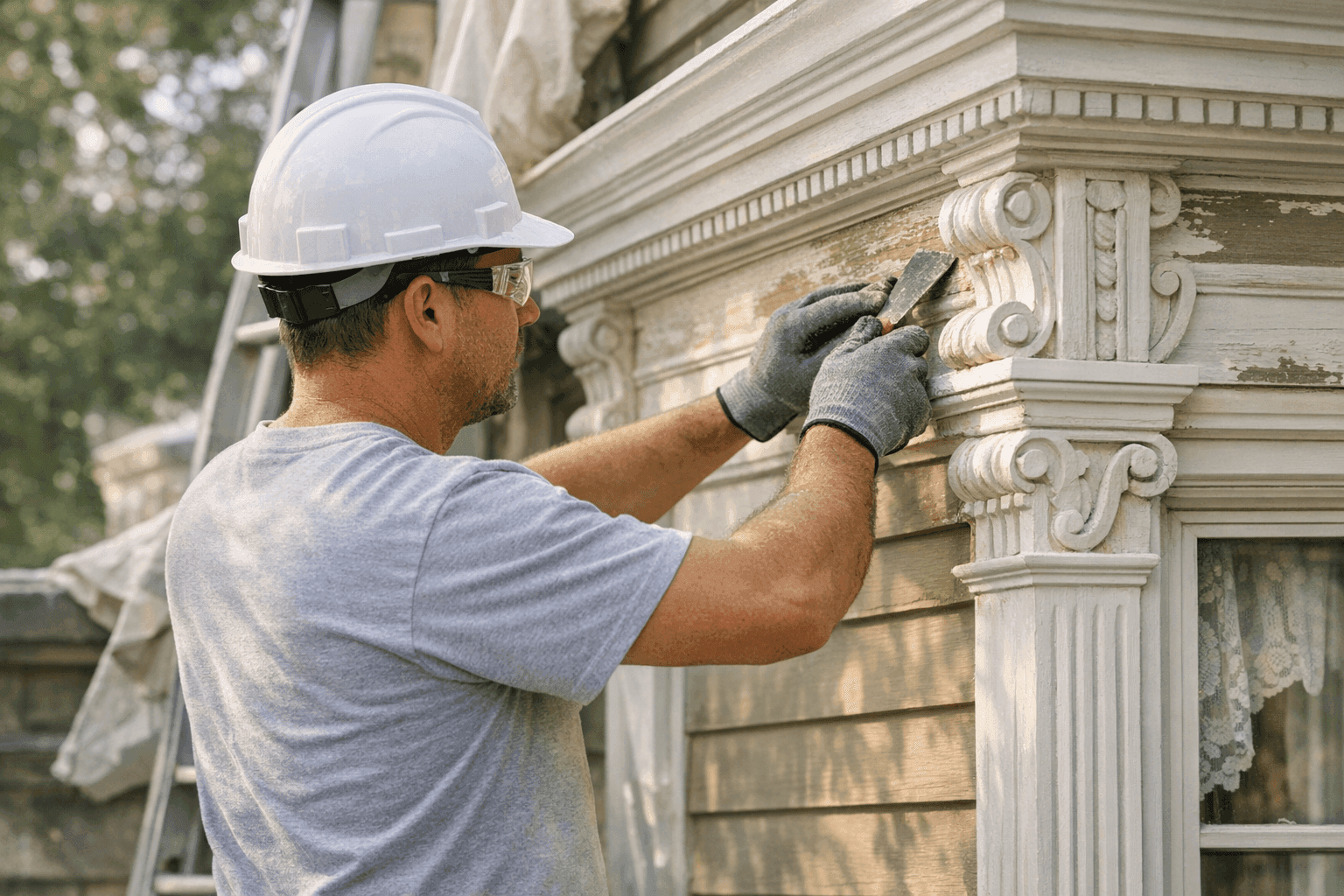 Technician restoring siding on a historic home with ornate trim