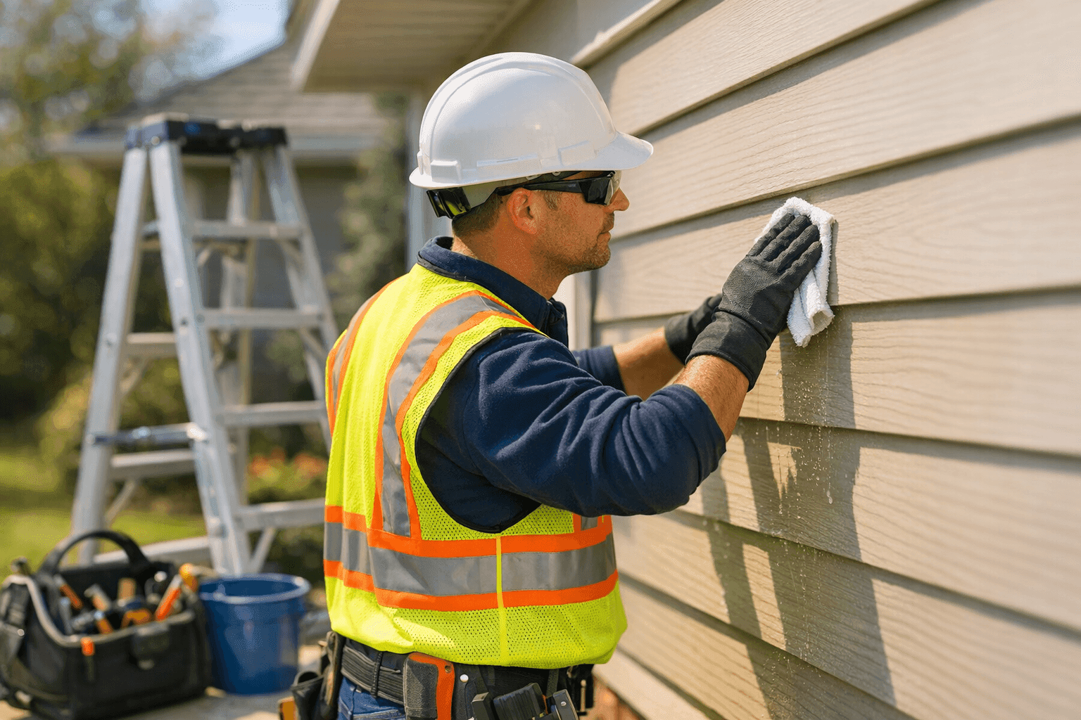 Technician performing seasonal siding maintenance on home exterior