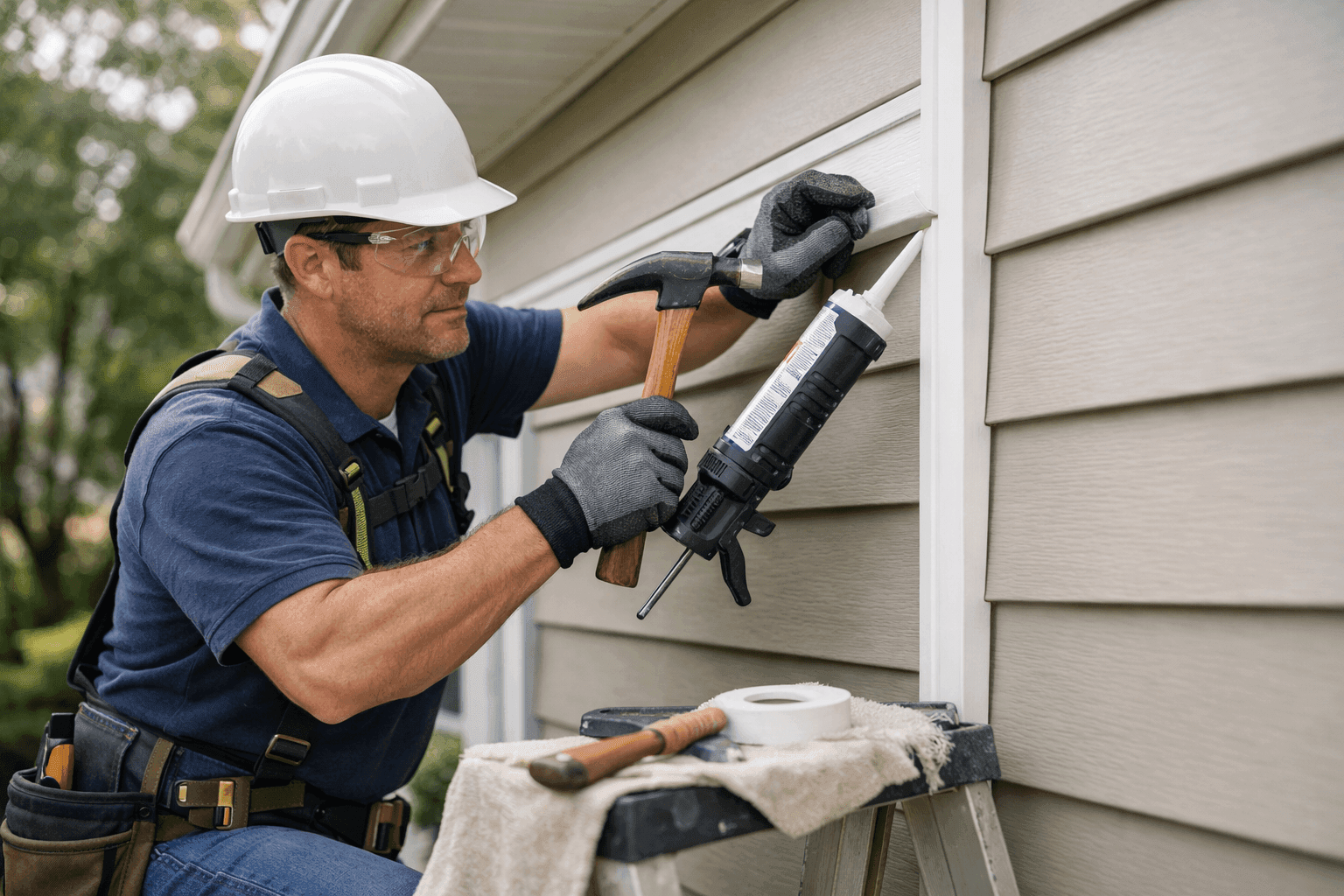 Technician repairing damaged exterior trim on home