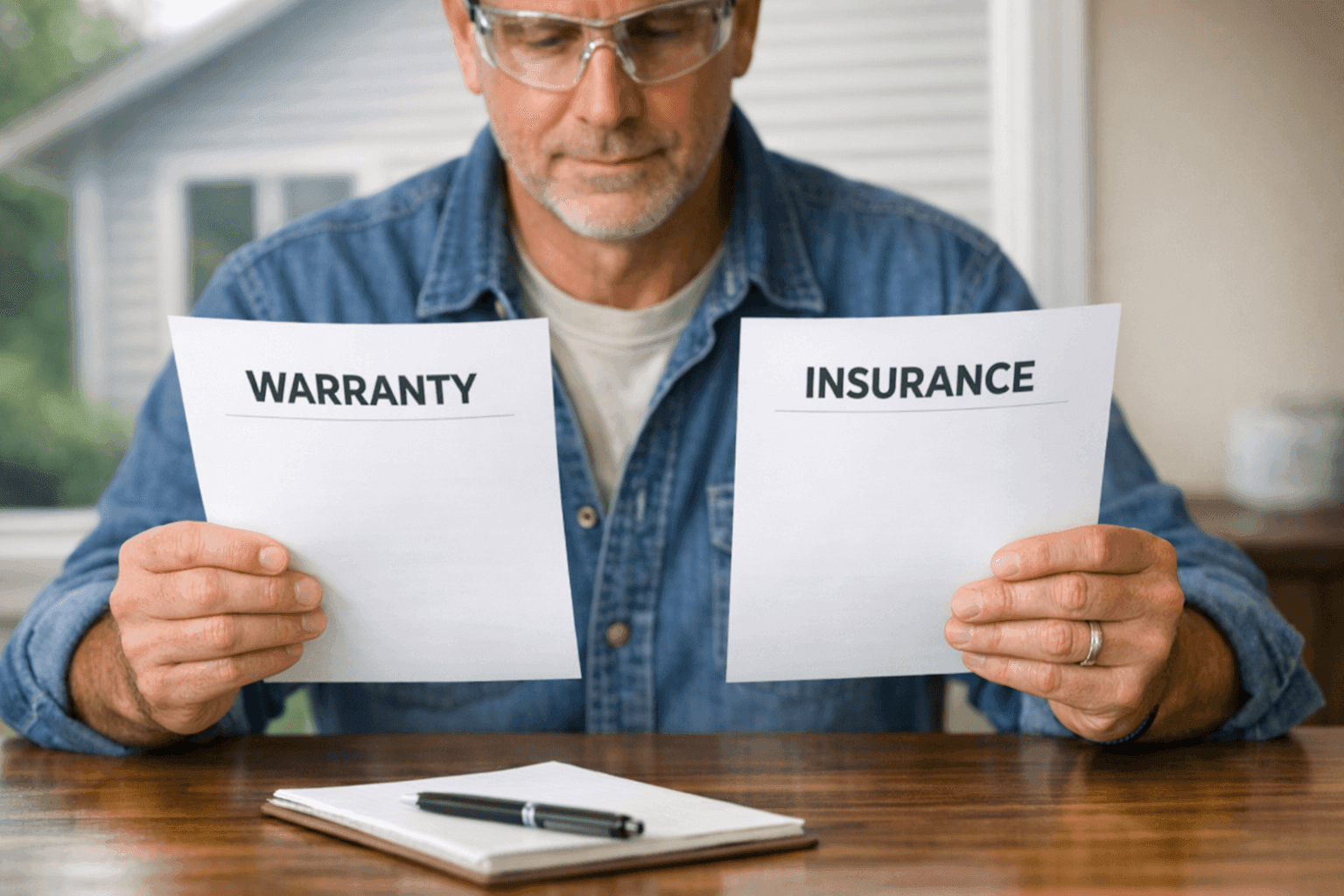 Homeowner reviewing warranty and insurance documents at table