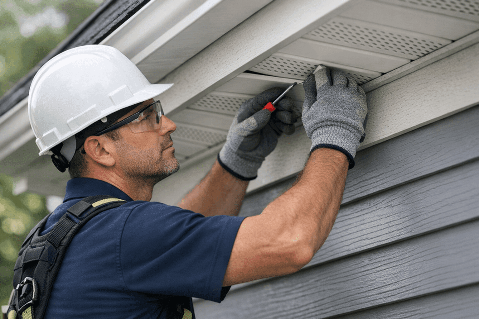 Technician repairing damaged soffit on home exterior