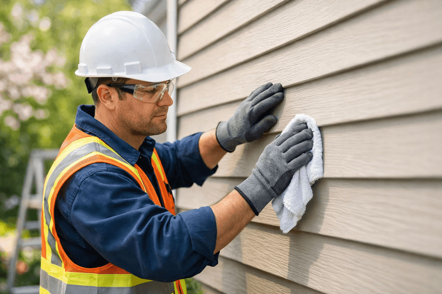 Technician cleaning and inspecting siding in spring sunlight