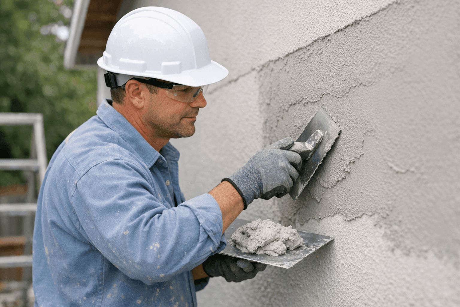 Technician applying stucco siding to exterior wall