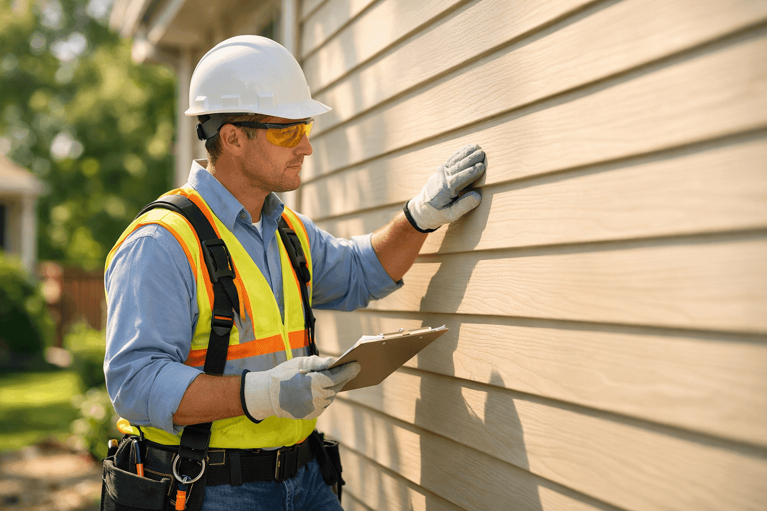 Technician inspecting siding for sun damage in summer