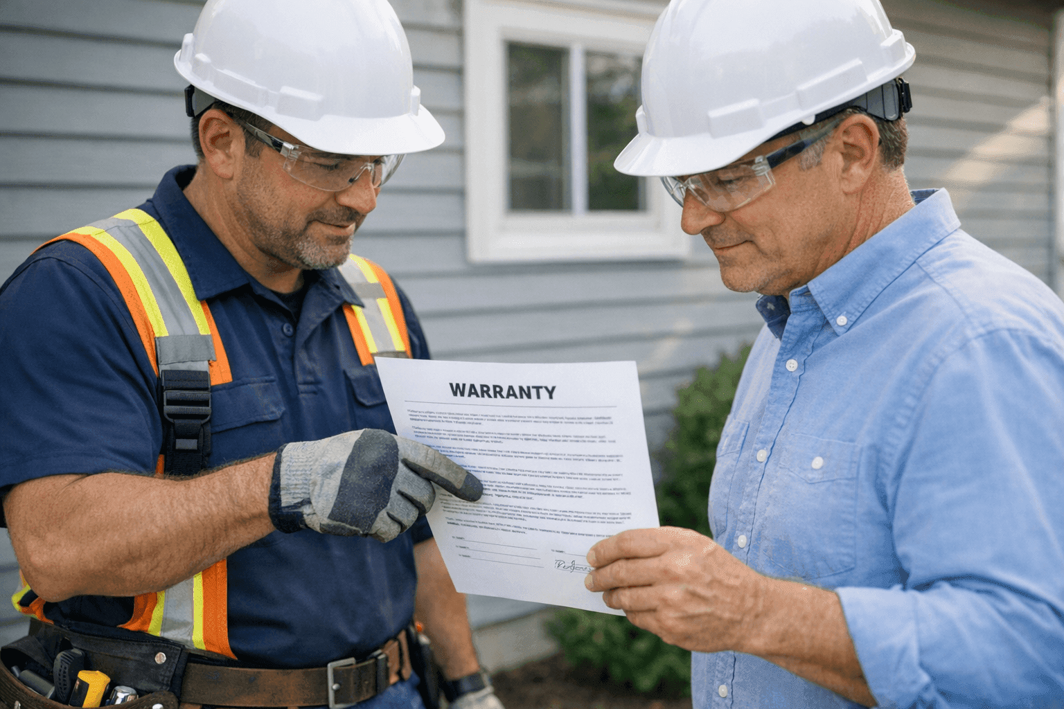 Homeowner reviewing siding warranty documents with technician