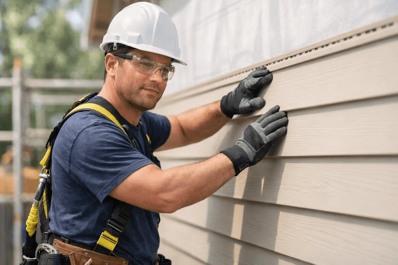 Professional installing vinyl siding panels on home exterior