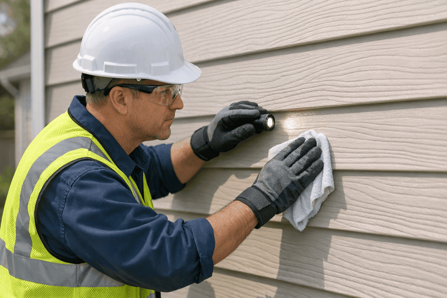 Technician cleaning and inspecting vinyl siding panels