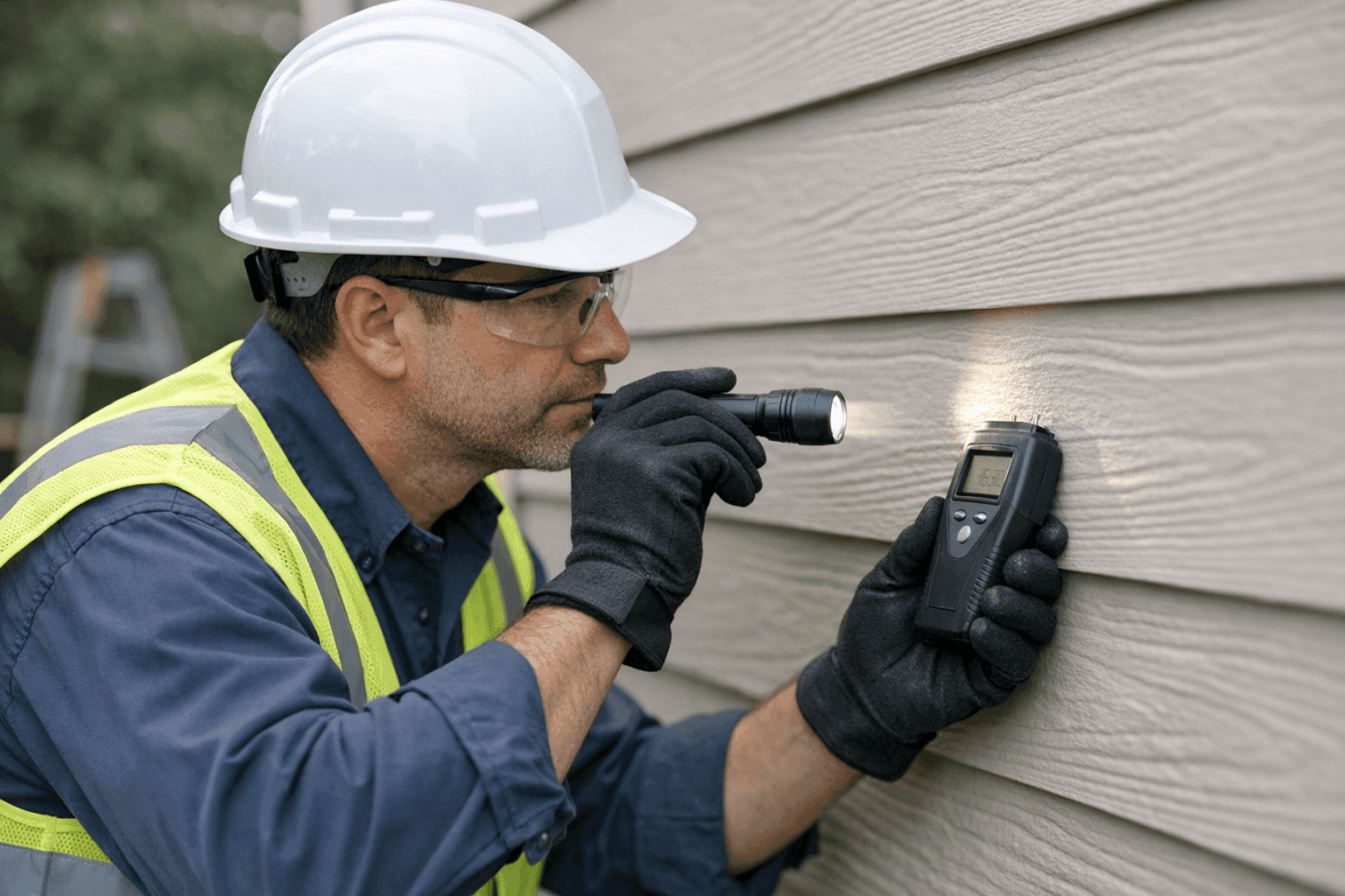 Professional performing a detailed siding inspection on a home