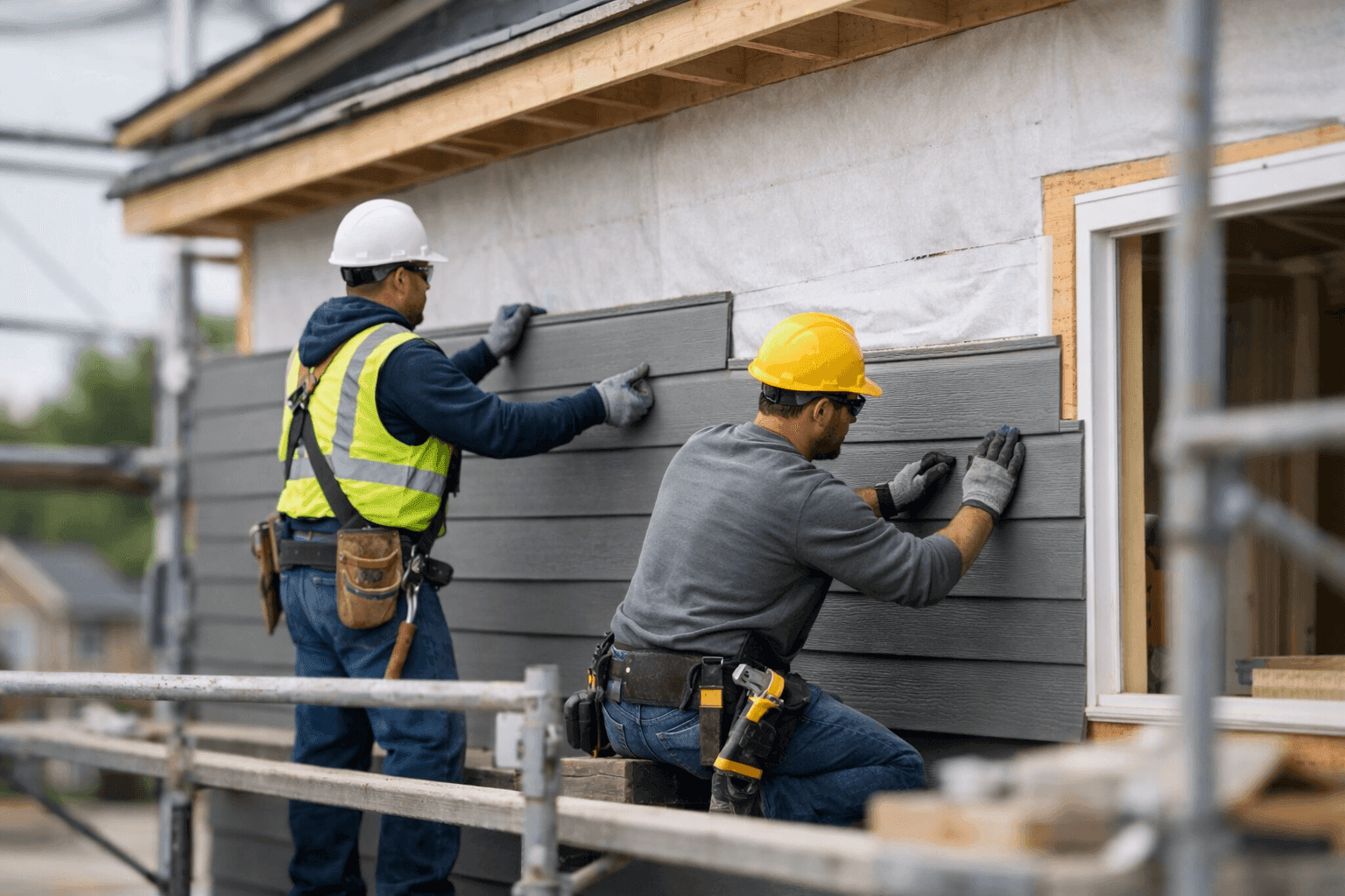 Technicians installing new siding on house under construction